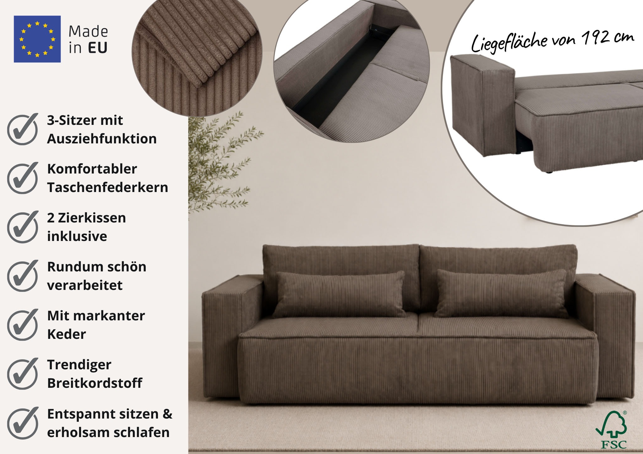OTTO home 3-Sitzer »Tillian, Schlafsofa, Schlafcouch« Breite 240 cm, Breitkord, Sitzfläche mit Taschenfederkern