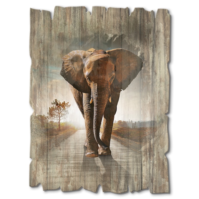 Artland Holzbild »Ein Elefant läuft auf der Straße«, Wildtiere, (1 St.) auf  Rechnung kaufen