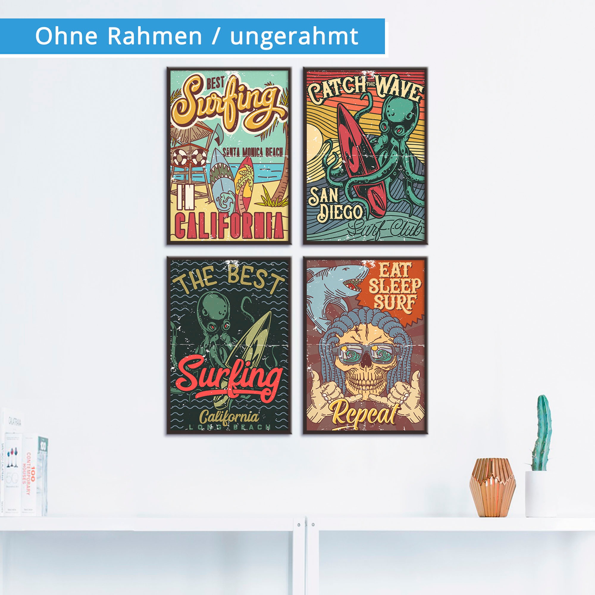 Artland Poster »Surfen in Kalifornien«, Sprüche & Texte, (4 St.), Poster, Wandbild, Bild, Wandposter