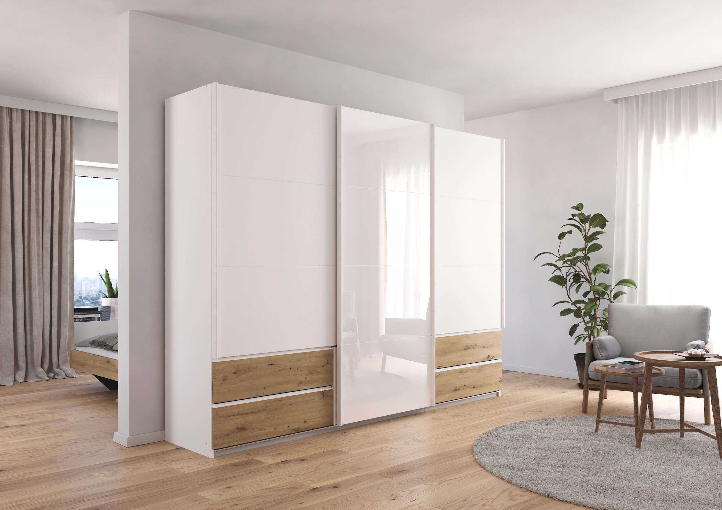 rauch Schwebetürenschrank »Kleiderschrank Schrank Garderobe ELARA Glastür/Grauspiegel«, praktische Schubladen optional farblich abgesetzt MADE IN GERMANY