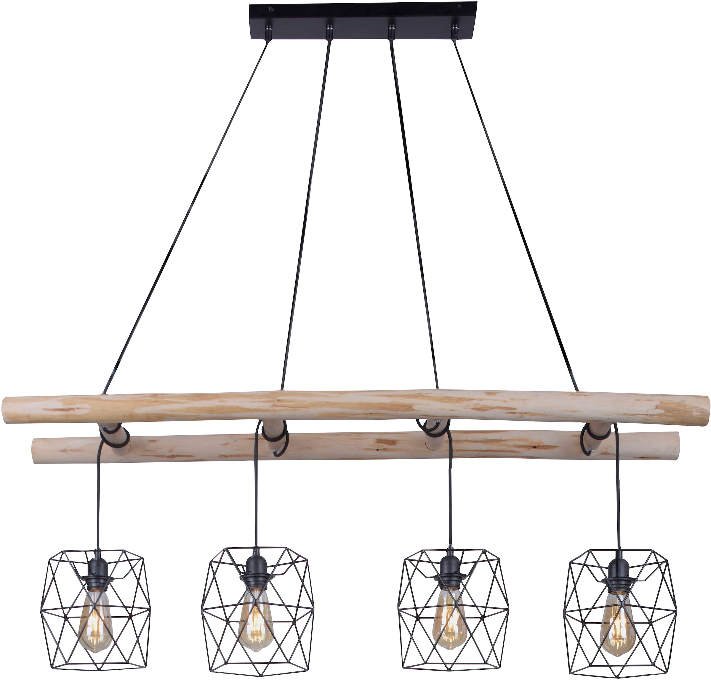 »EDGAR«, Leiter-Optik & LED lack. kaufen Metallkörbchen Holz; rustikalem Kombination Pendelleuchte aus Direkt online 4 flammig-flammig, Leuchten