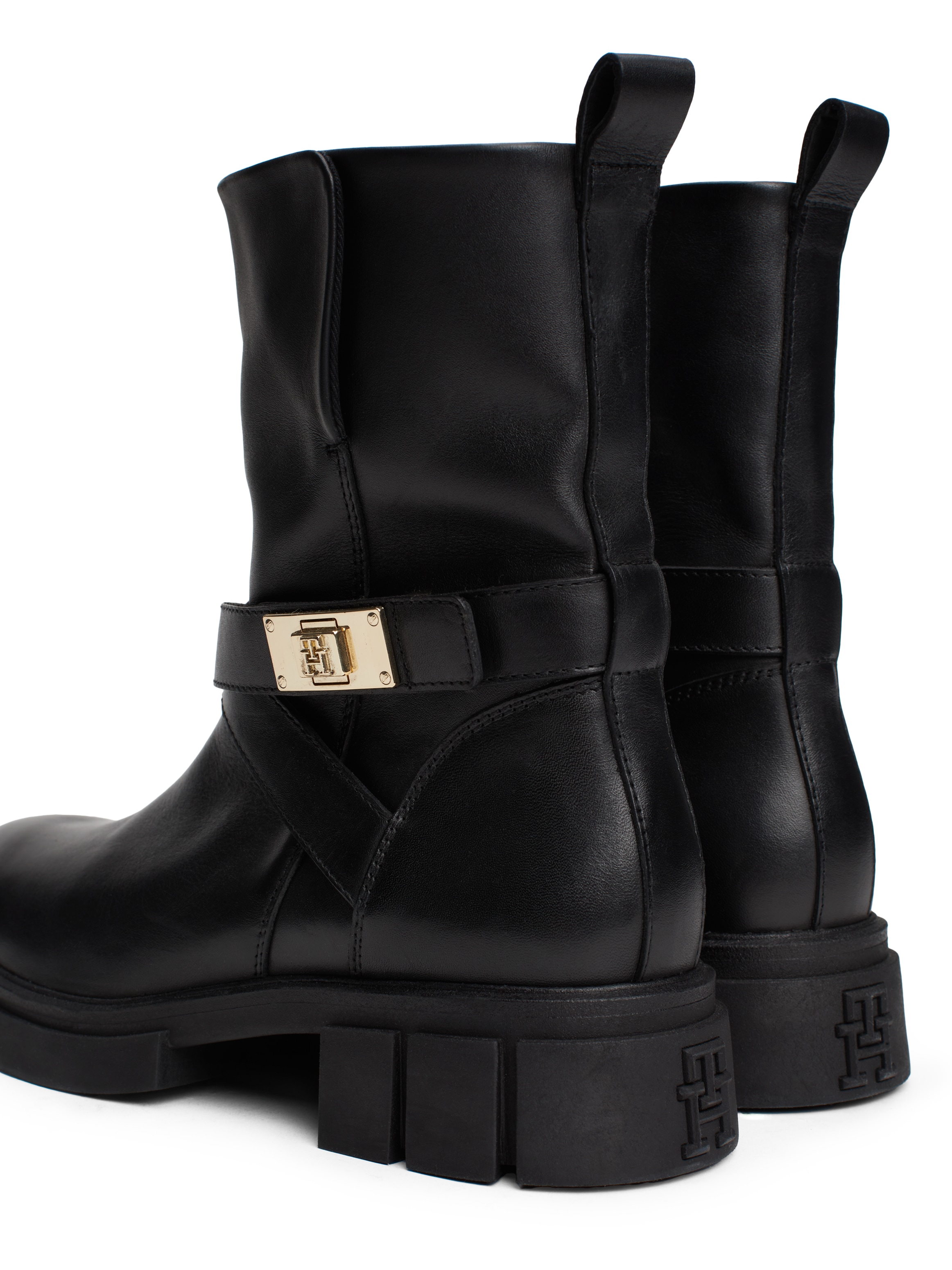 Tommy Hilfiger Bikerboots »BIKER LEATHER«, Blockabsatz, Stiefelette, Boots mit goldfarbenem Schmuckelement