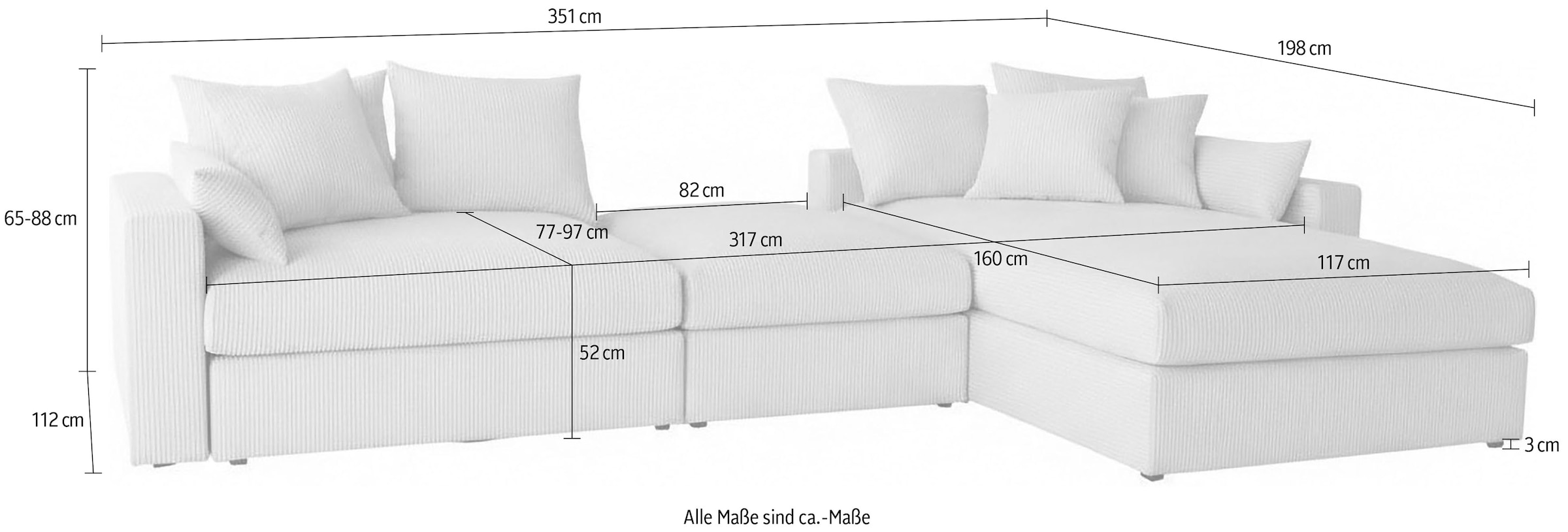 OTTO home Ecksofa »Cosy Lounge U-Form, Breite 351 cm« Mega-Sofa mit Cordstoff bezogen, mit Federkern & 5 Zierkissen