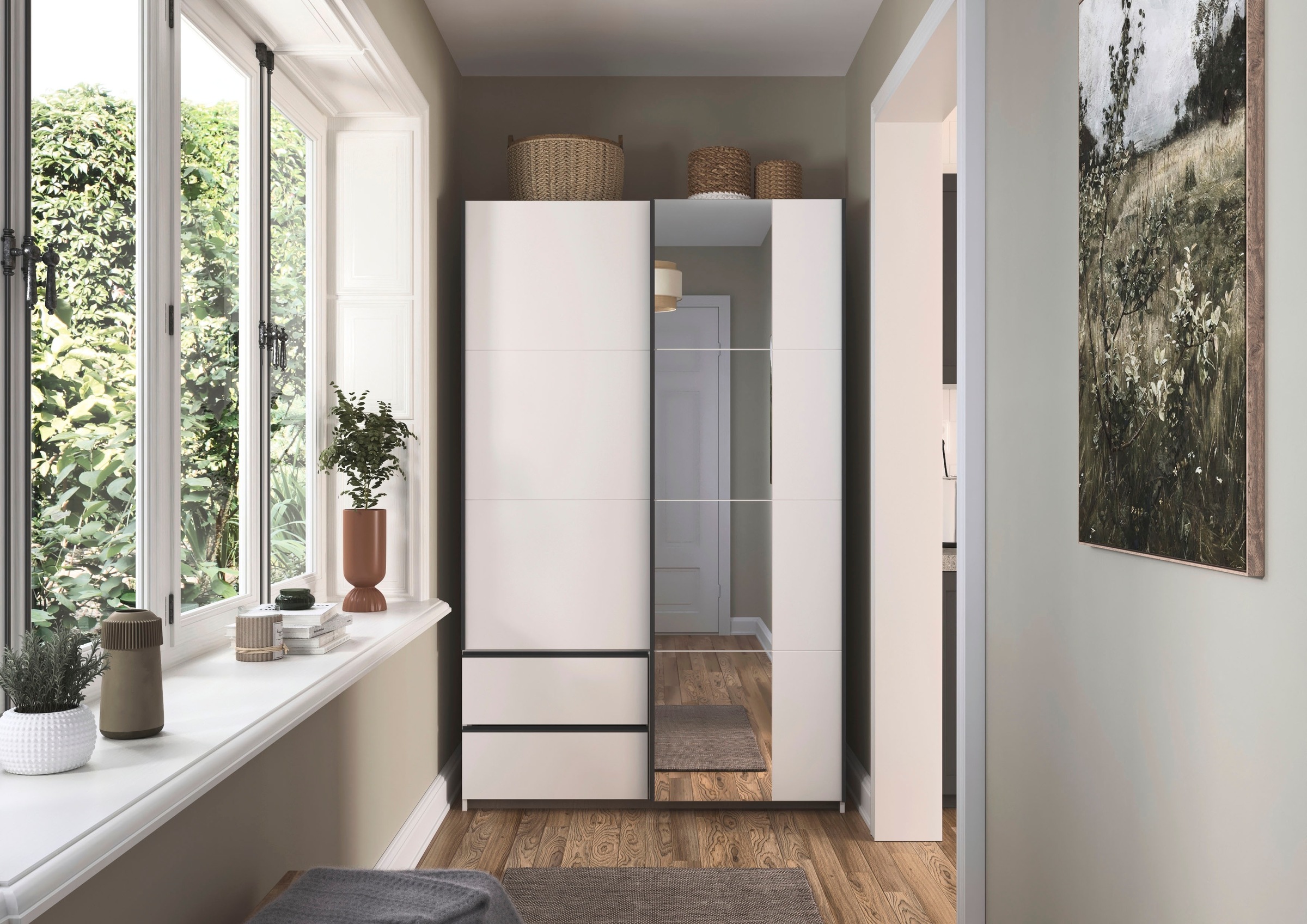 rauch Schwebetürenschrank »Kleiderschrank Schrank Garderobe Wäscheschrank SEVILLA mit Spiegel«, (in 3 verschiedenen Ausstattungen BASIC/CLASSIC/PREMIUM), Metall-Griffleisten alufarben oder Graumetallic MADE IN GERMANY