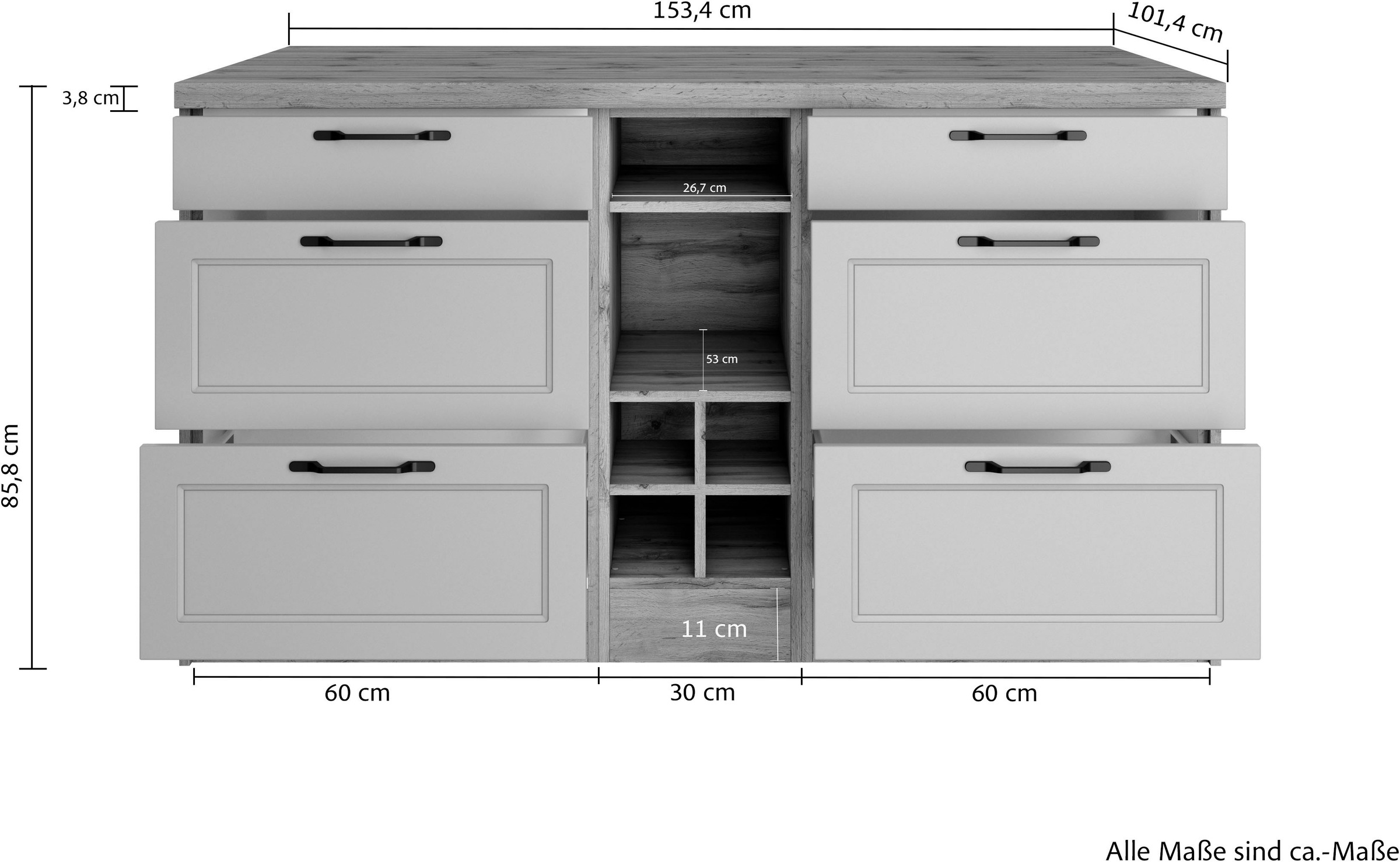 KOCHSTATION Kücheninsel »KS-Lana, Breite 153 cm«, MDF-Fronten, Arbeitsplatte 38mm stark