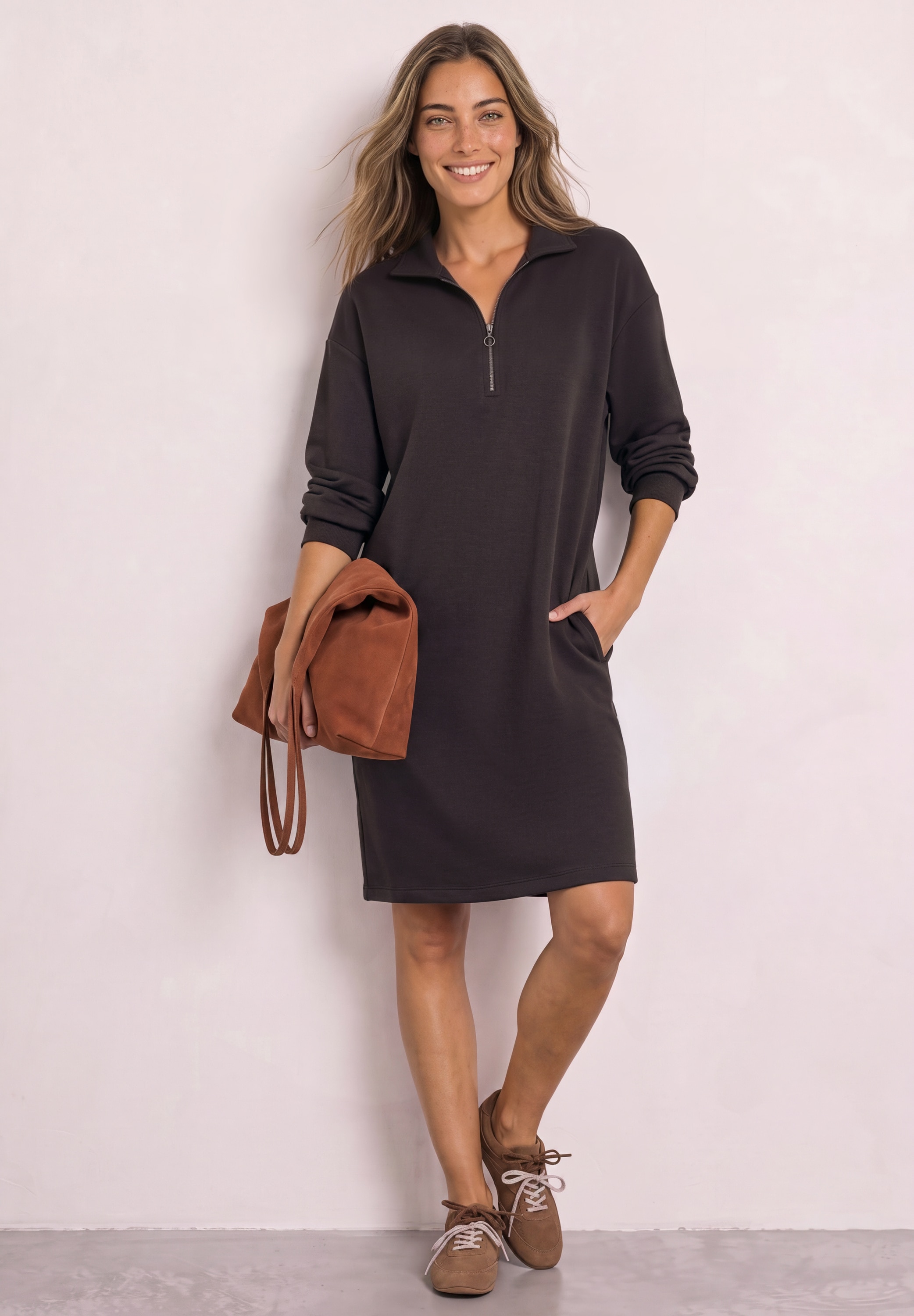 STREET ONE Sweatkleid Eingrifftaschen Knielang mit Zipper-Detail