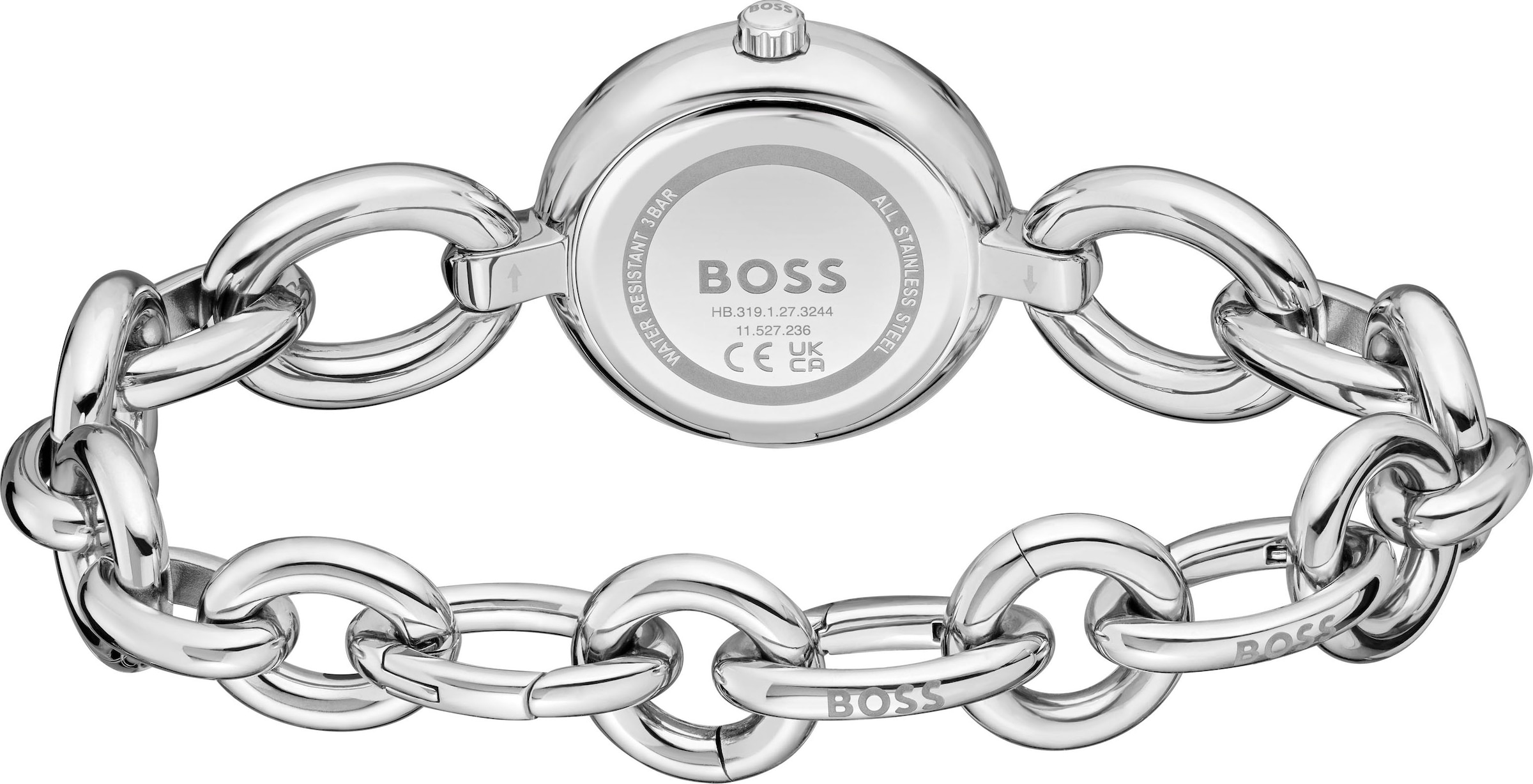 BOSS Quarzuhr »LIVE«, Armbanduhr, Damenuhr, Edelstahlarmband, analog, Glassteine
