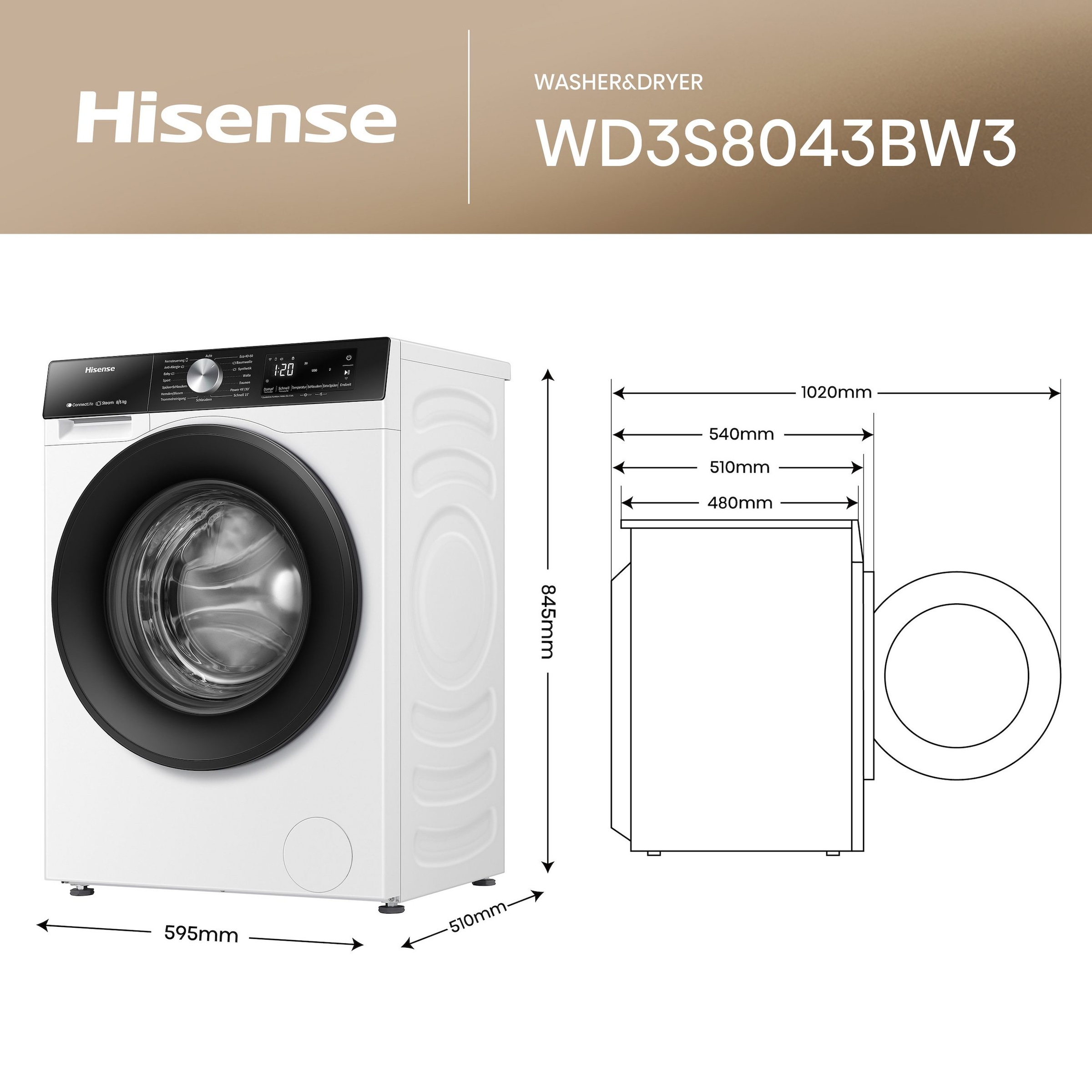 Hisense Waschtrockner »WD3S8043BB3« 3S Serie 8 kg /5 kg 72 dB(A)