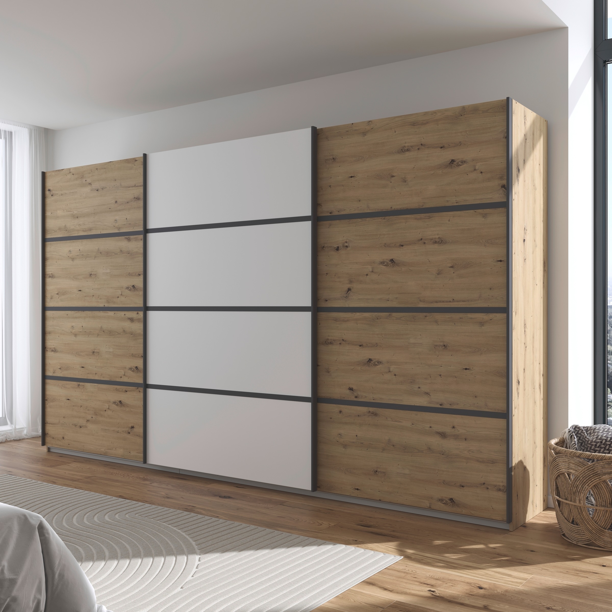 rauch Kleiderschrank »Schwebetürenschrank OTTO´s Choice Garderobe Schrank TOP ANGEBOT Avola«, (in 3 verschiedenen Ausstattungen BASIC/CLASSIC/PREMIUM), mit eleganten Zierleisten in Chrom, Schwarz oder Weiß MADE IN GERMANY