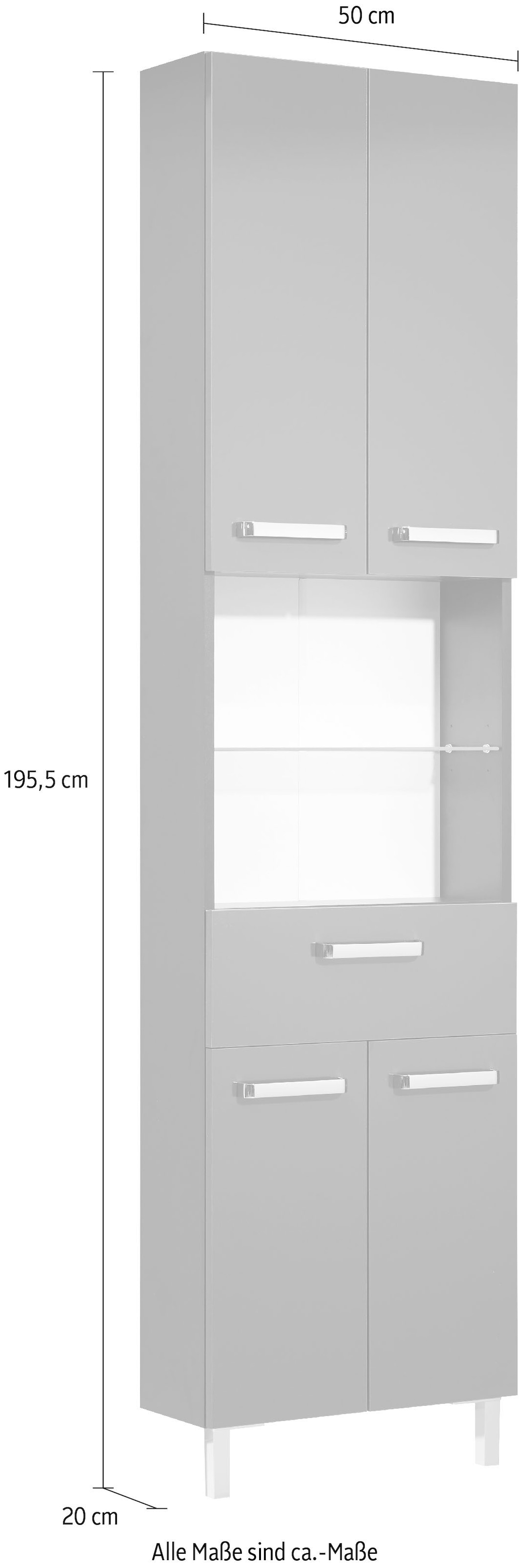 Saphir Hochschrank »Quickset Badschrank 50 cm breit, 4 Türen, 2 Nischen, 1 Schublade« Badezimmer-Hochschrank inkl. Türdämpfer, Griffe in Chrom glänzend