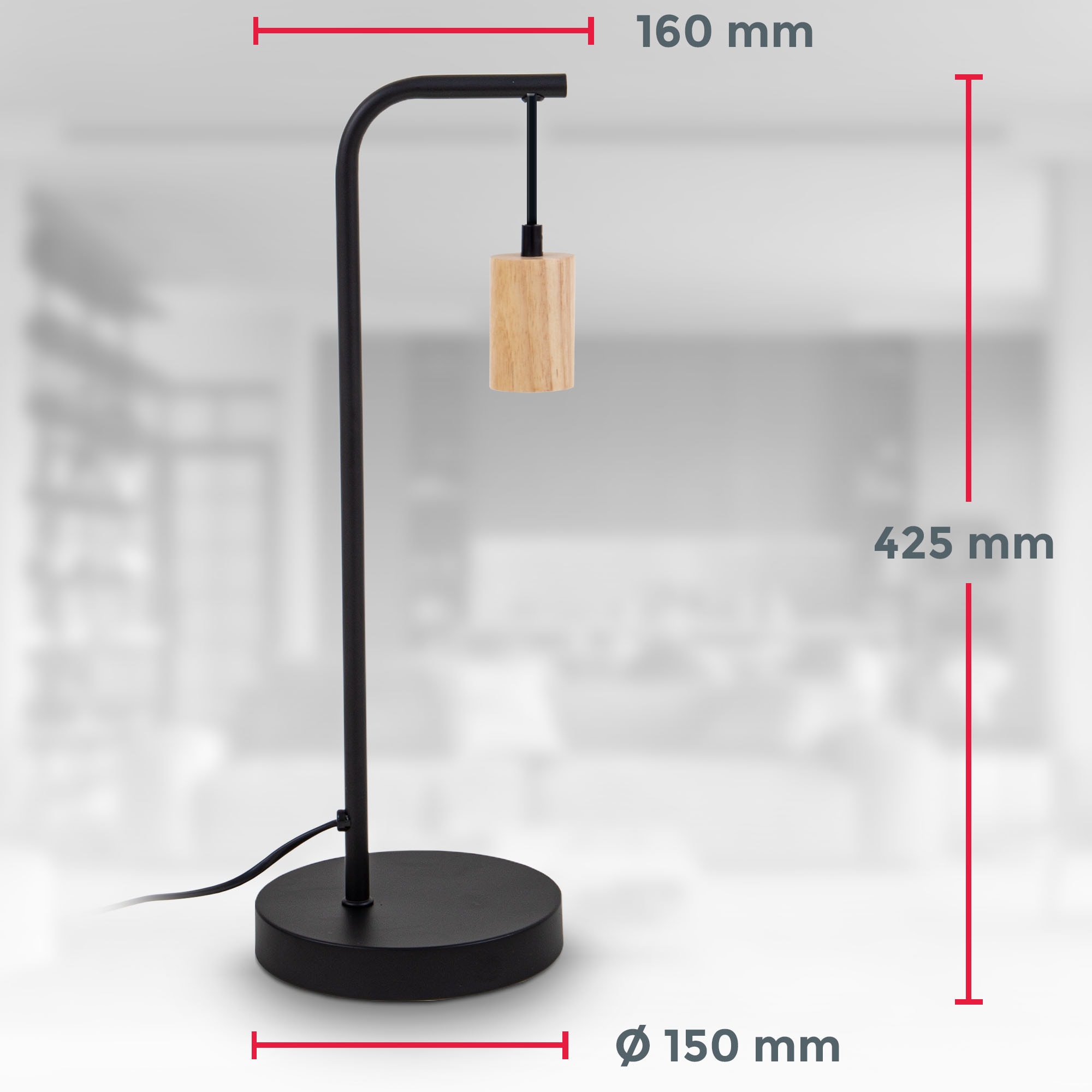 B.K.Licht Tischleuchte »BK_TL1375 Retro Tischlampe, Schwarz, Metall, E27, Kabel mit Schalter«, 1 flammig, Leuchtmittel E27 | ohne Leuchtmittel, Schreibtischlampe, Schwarz-Holz, Ohne Leuchtmittel