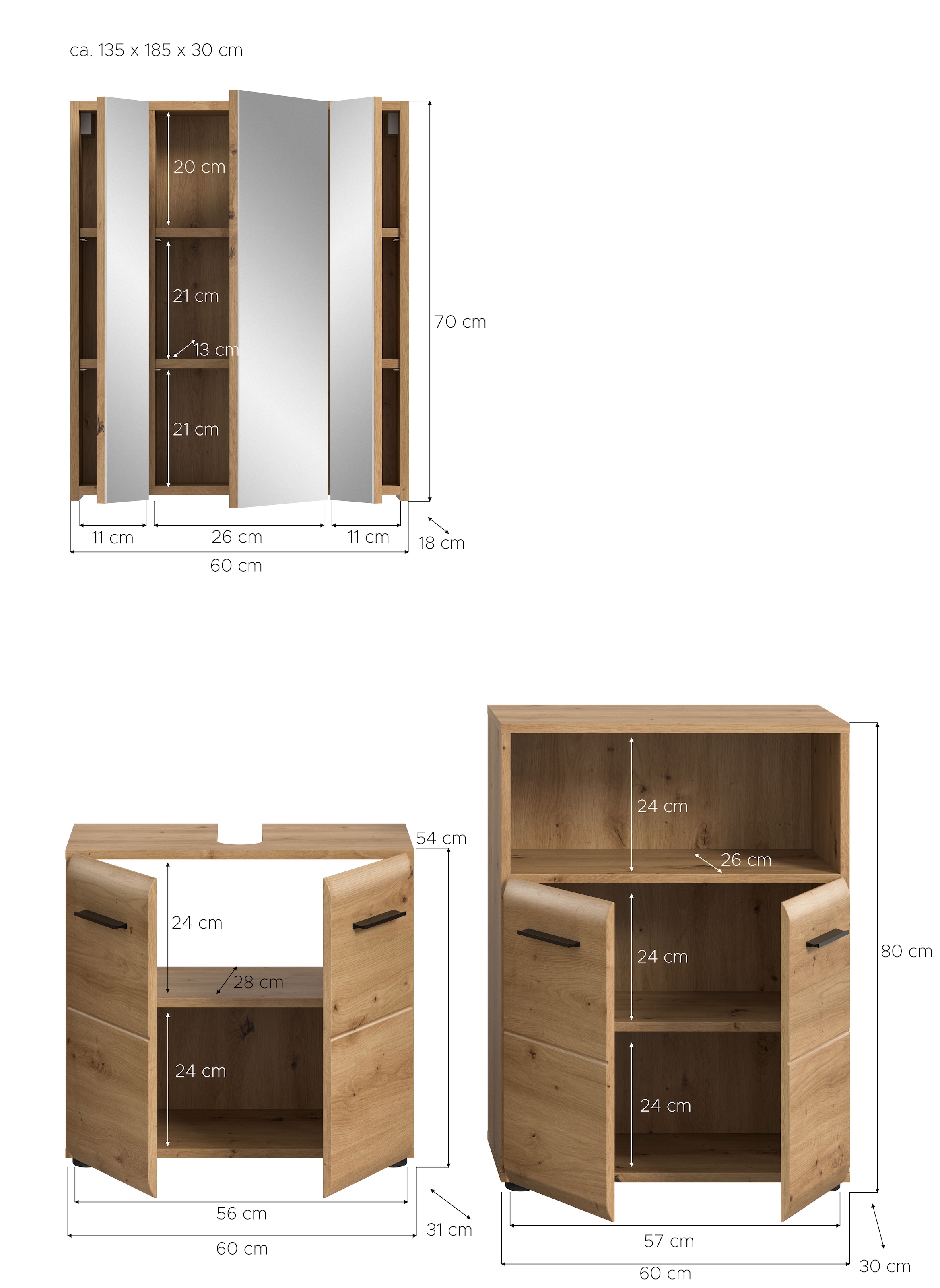 INOSIGN Badmöbel-Set »FLORENZ, TOPSELLER!, 3-teilige Badkombination, hochwertige MDF-Front«, (Set, 3 St., best. aus: Waschbeckenunterschrank, Spiegelschrank, Midischrank breit), Florenz, Badkombination 3-tlg., Artisan Oak NB, WBU