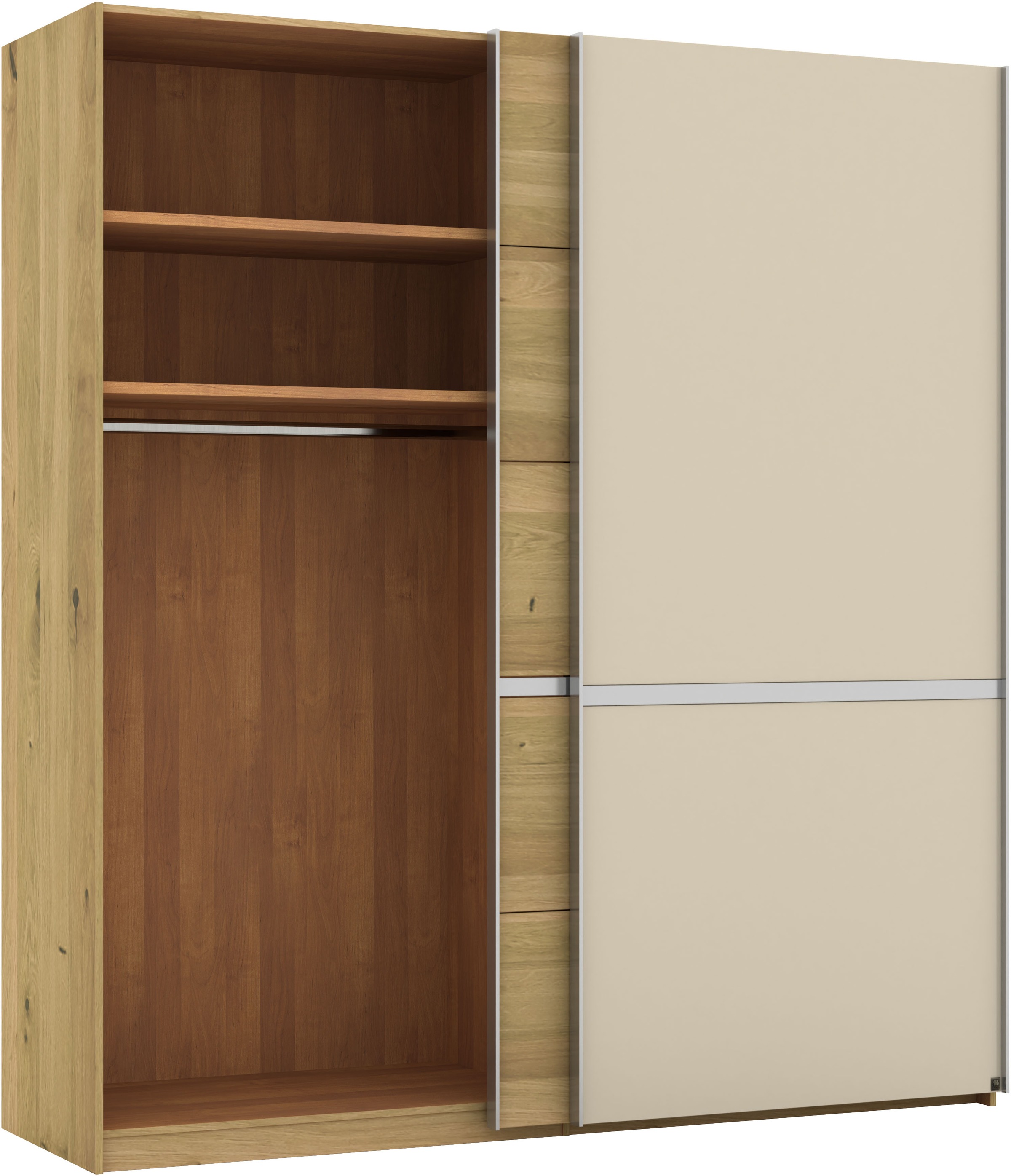 Musterring Schwebetürenschrank »Savona, Kleiderschrank, Schrank, Garderobe, mit Schiebetüren« Teilmassiv Bianco-Eiche, mit Spiegel oder Glas, MADE IN GERMANY,  Türen Bianco-Eiche massiv, Spiegel-/Glastüren, eingelegte Chromleiste