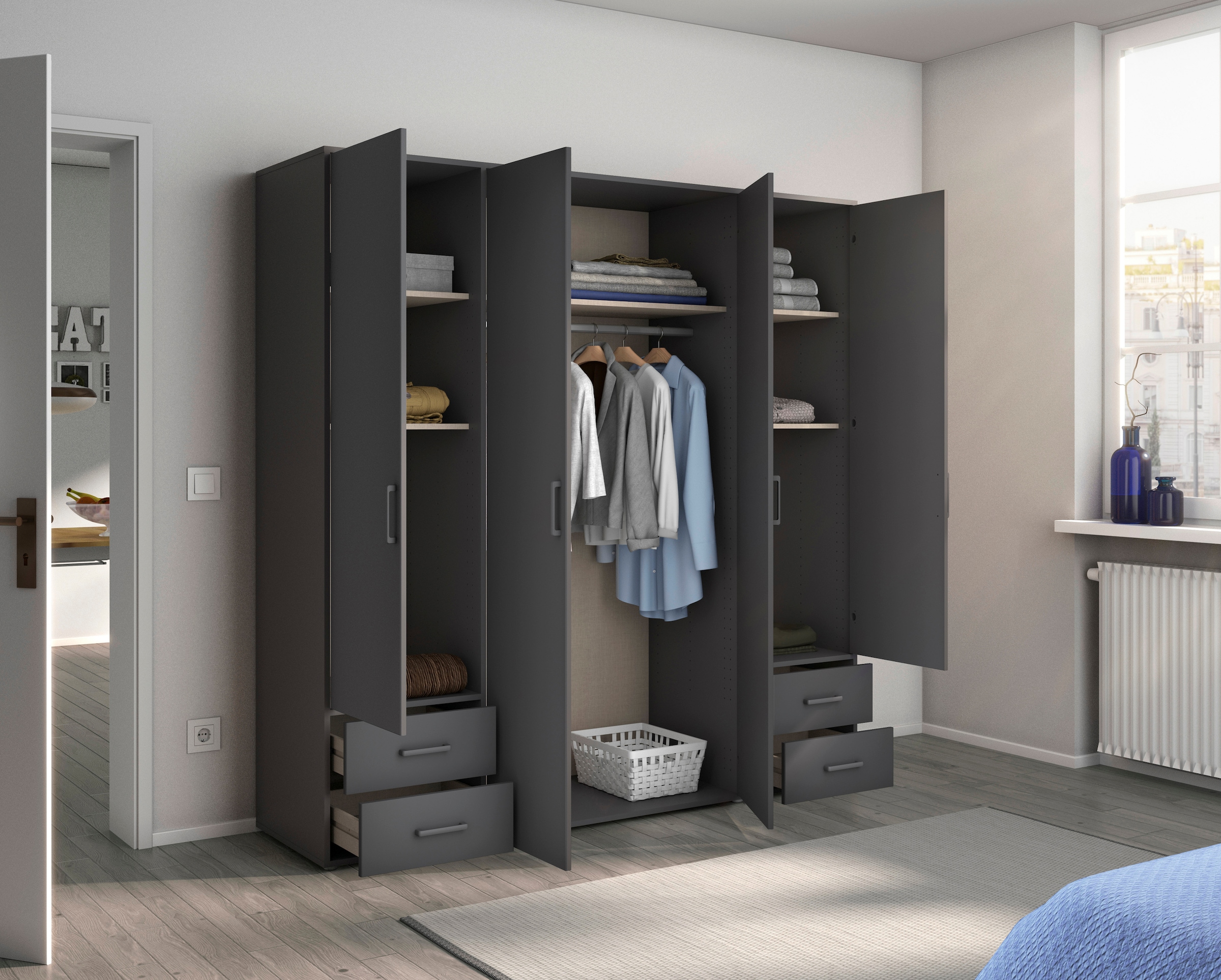 rauch Drehtürenschrank »Kleiderschrank Schrank Garderobe Wäscheschrank VOYAGER«, (in 3 verschiedenen Ausstattungen BASIC/CLASSIC/PREMIUM), moderne Griffe in Graumetallic mit Außenschubkästen MADE IN GERMANY