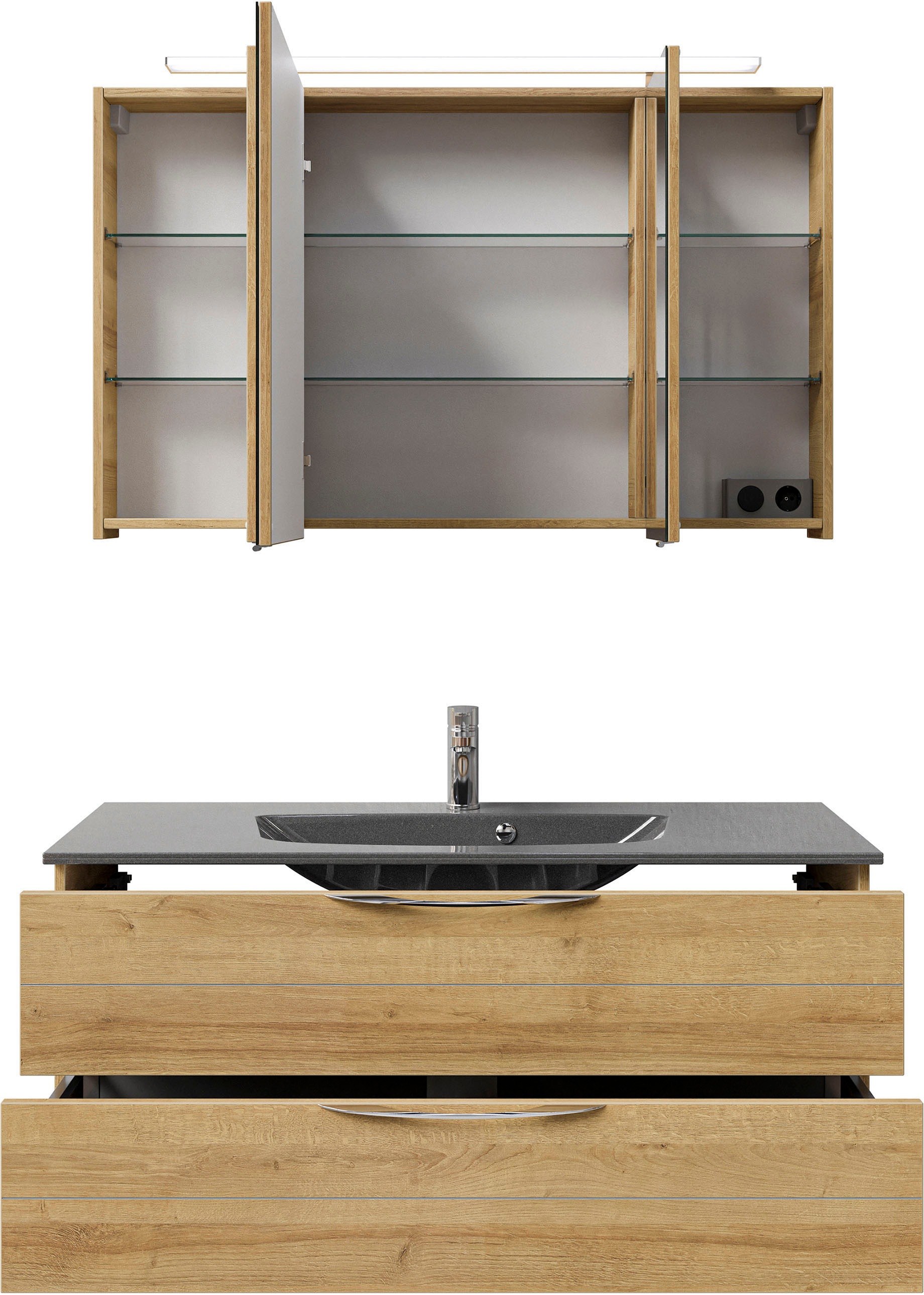 Saphir Badmöbel-Set »Serie 6025 2-teilig Mineralmarmor-Waschtisch mit LED-Spiegelschrank«, (2 St.), Waschplatz 117cm breit, 2 Schubladen, 3 Spiegel-Türen, inkl Türdämpfer