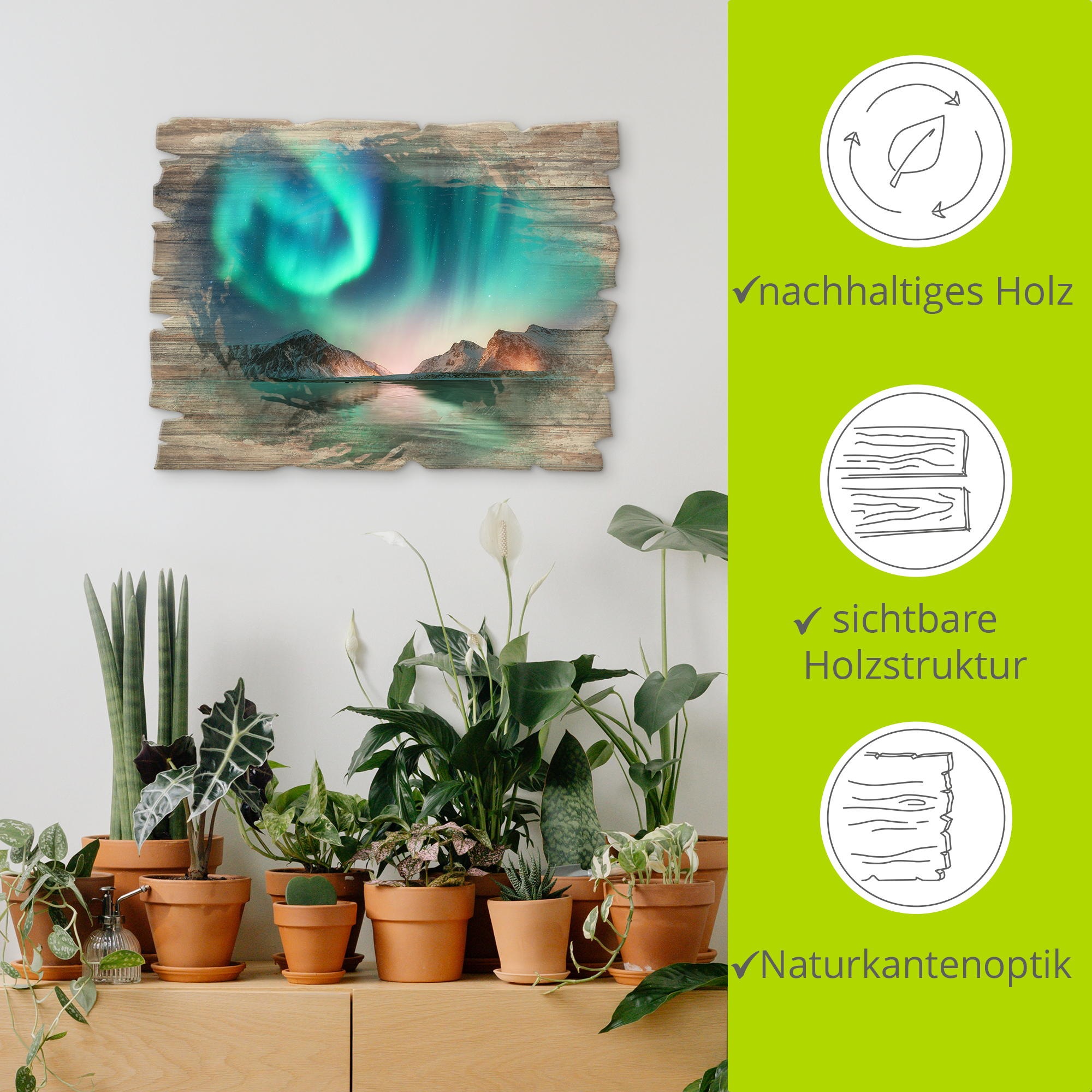 Artland Holzbild »Auroraborialis - Nördliches Polarlicht«, Europa, (1 St.)