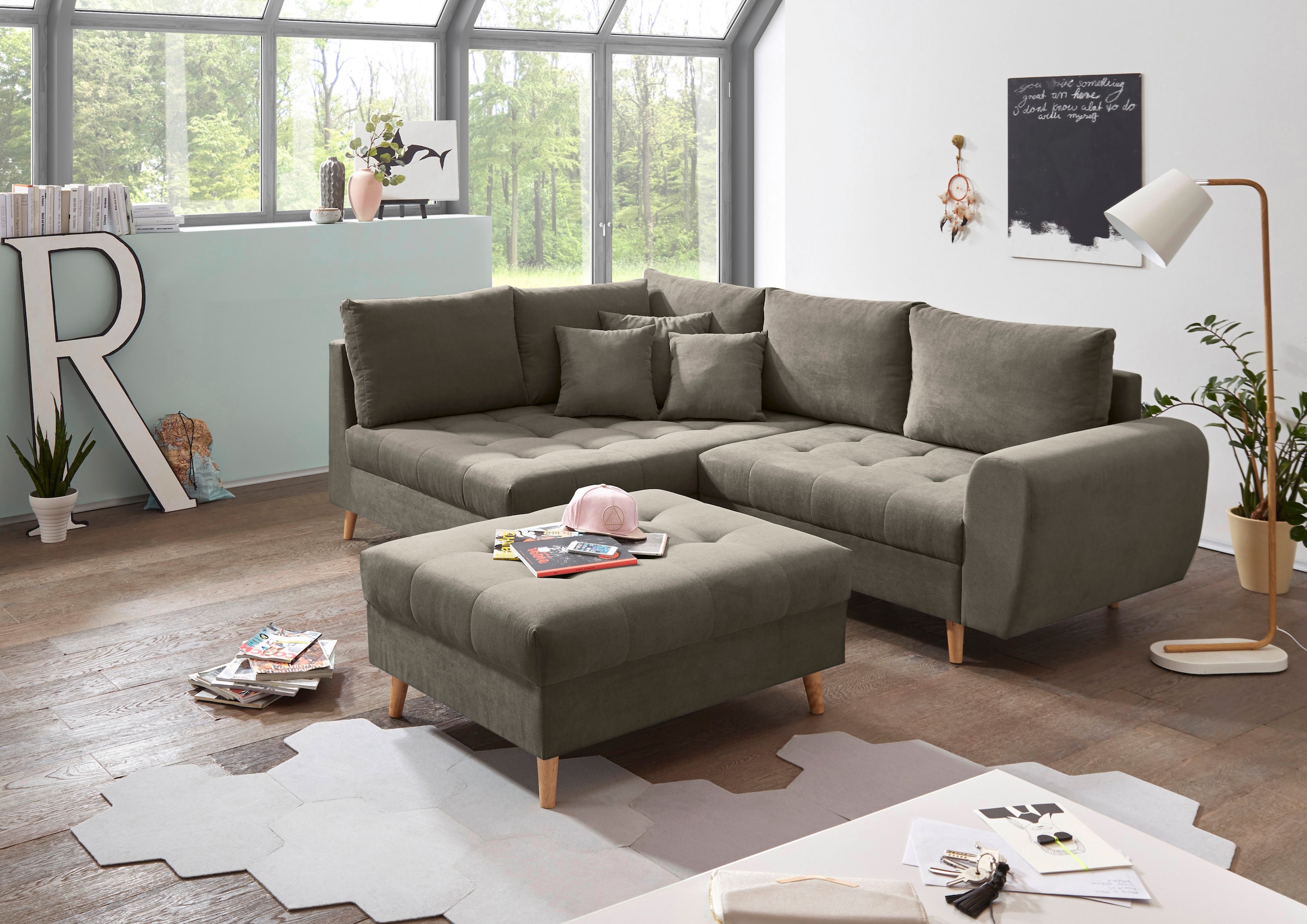 ED EXCITING DESIGN Ecksofa »Alice L-Form« mit Hocker & 3 Zierkissen günstig online kaufen