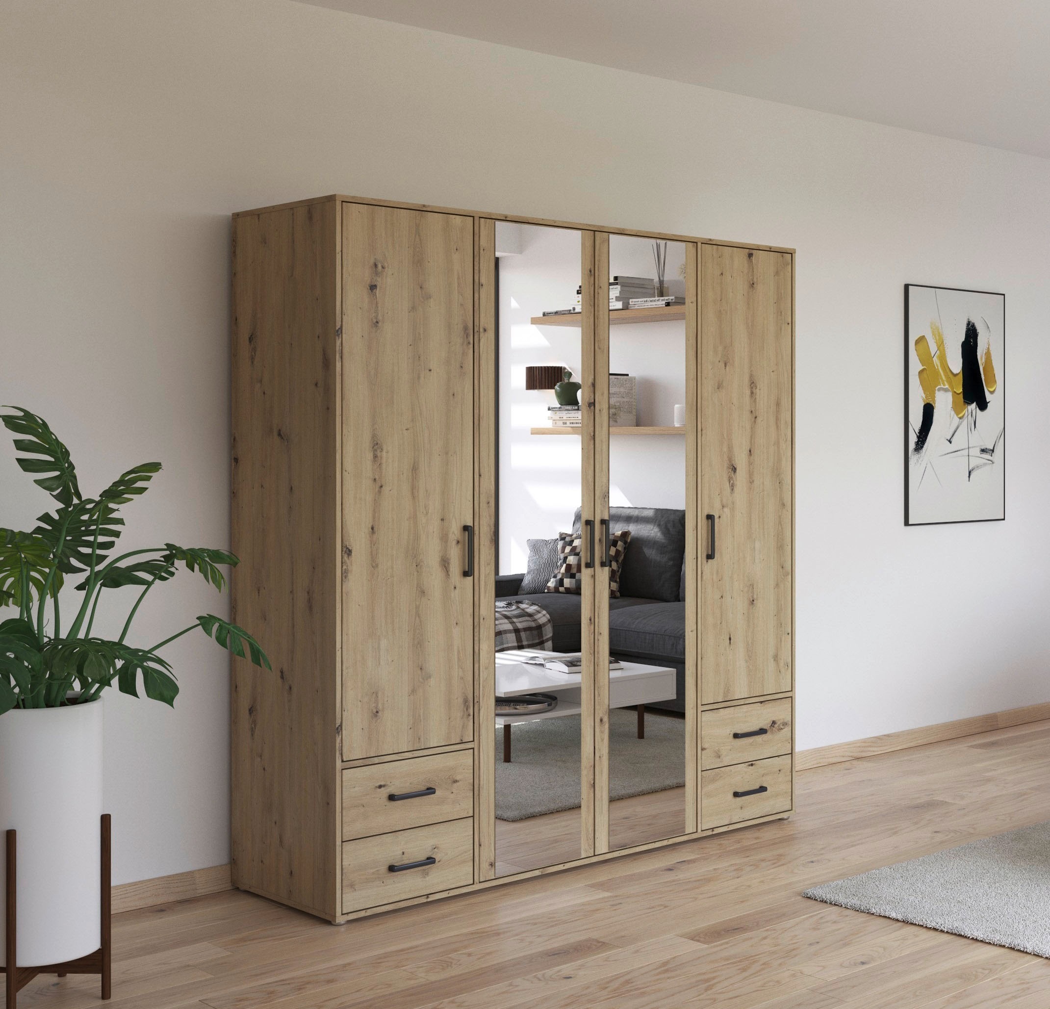 rauch Drehtürenschrank »Kleiderschrank Schrank Garderobe Wäscheschrank VOYAGER«, (in 3 verschiedenen Ausstattungen BASIC/CLASSIC/PREMIUM), mit modernen Griffen in Graumetallic, inkl. Schubkästen und Spiegel