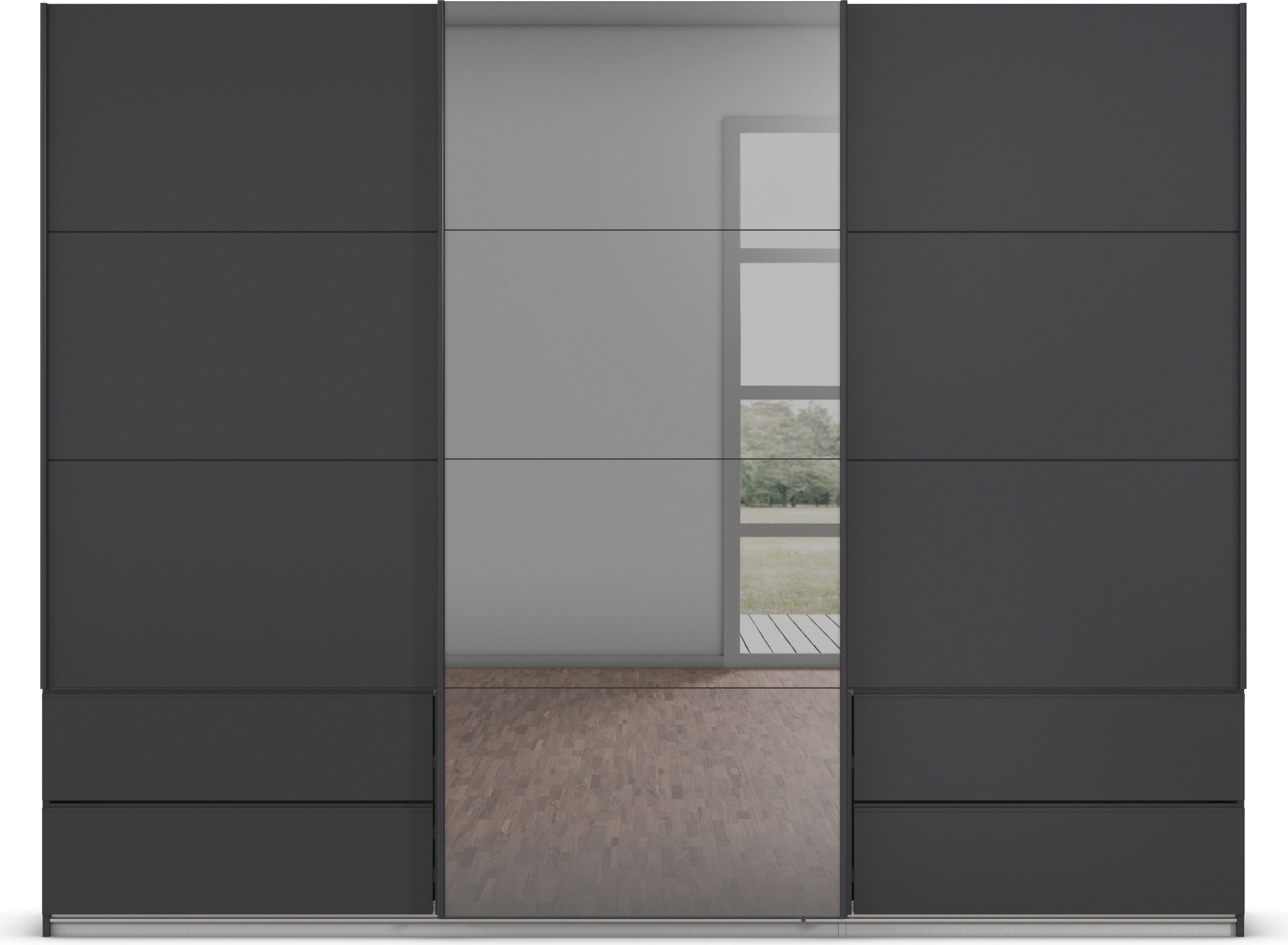 rauch Schwebetürenschrank »Kleiderschrank Schrank Garderobe ELARA Glastür/Grauspiegel«, praktische Schubladen optional farblich abgesetzt MADE IN GERMANY