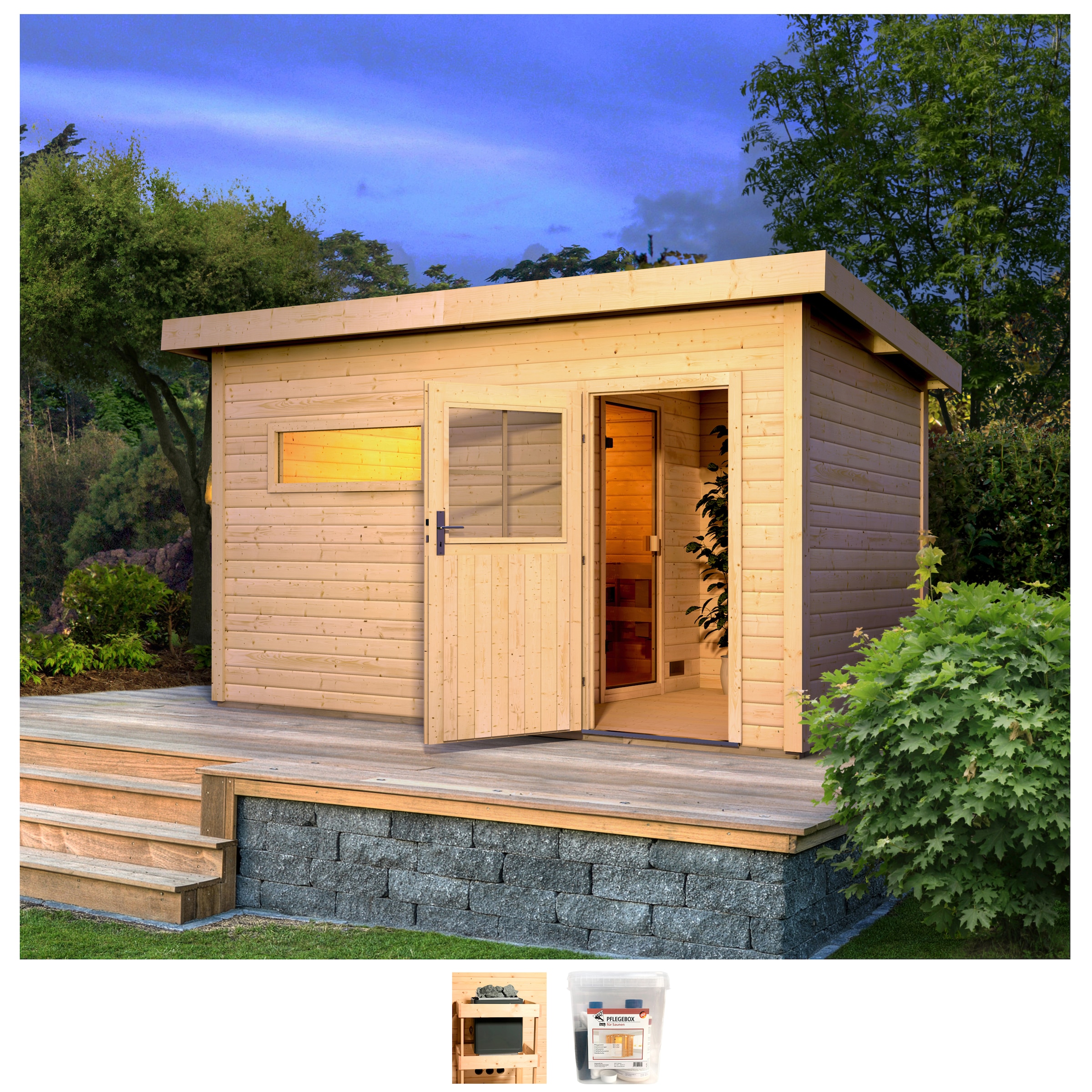 Saunahaus „Uwe 3“, ohne Ofen, mit Saunafenster 40x1220x420 mm in Klarglas naturbelassen naturbelassen