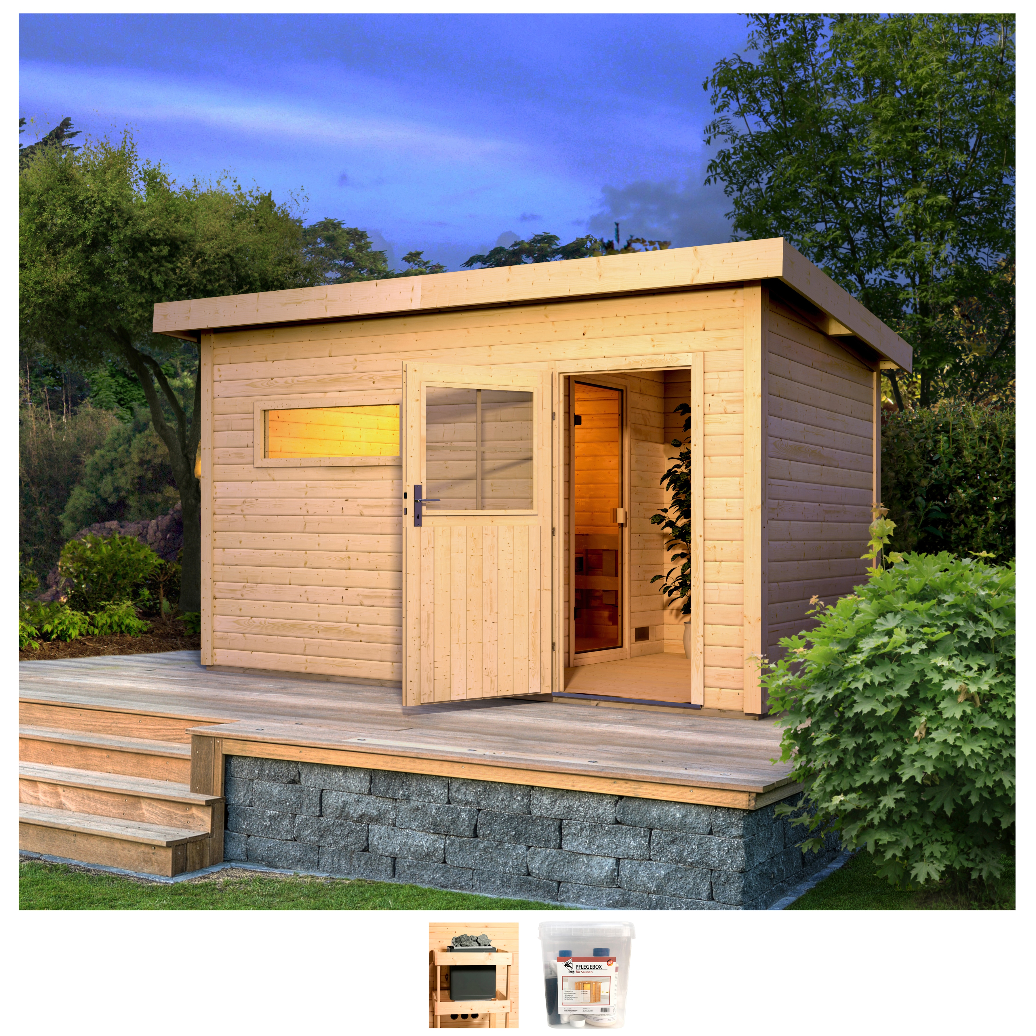 Saunahaus „Uwe 3“, ohne Ofen, mit Saunafenster 40x1220x420 mm in Klarglas naturbelassen naturbelassen