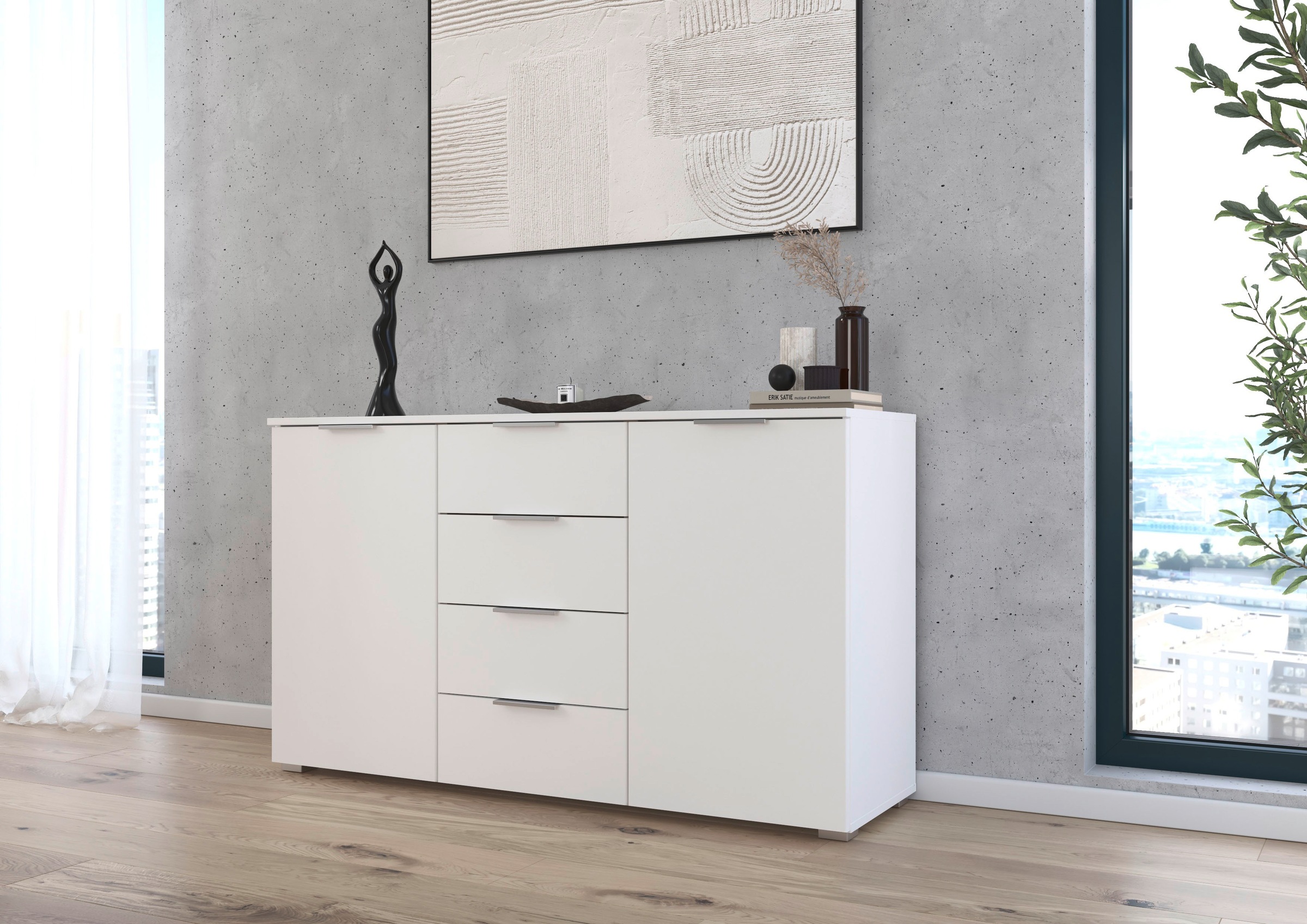 rauch Kombikommode »Sideboard Schubladenkommode AGORDO mit Dekor- oder Hochglanzfront«, (in zwei Griff-Farben, Breite 120 cm), vier große Schubladen, mit insgesamt 4 Einlegeböden MADE IN GERMANY