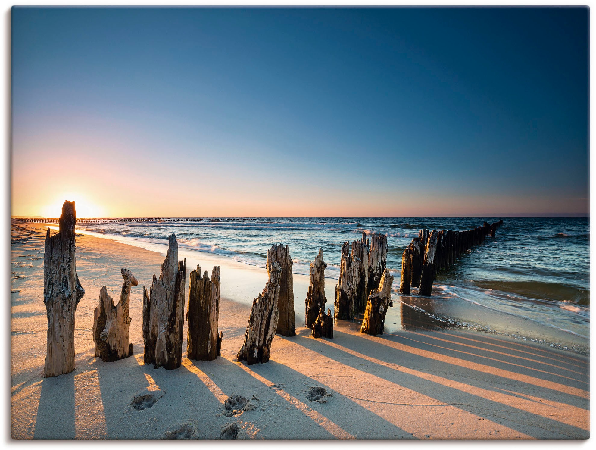 Leinwandbild, Wandaufkleber Raten versch. als Größen Artland Poster Bilder, Meer in Strand (1 Wellenbrecher«, St.), bestellen Alubild, »Sonnenuntergang Wandbild oder auf