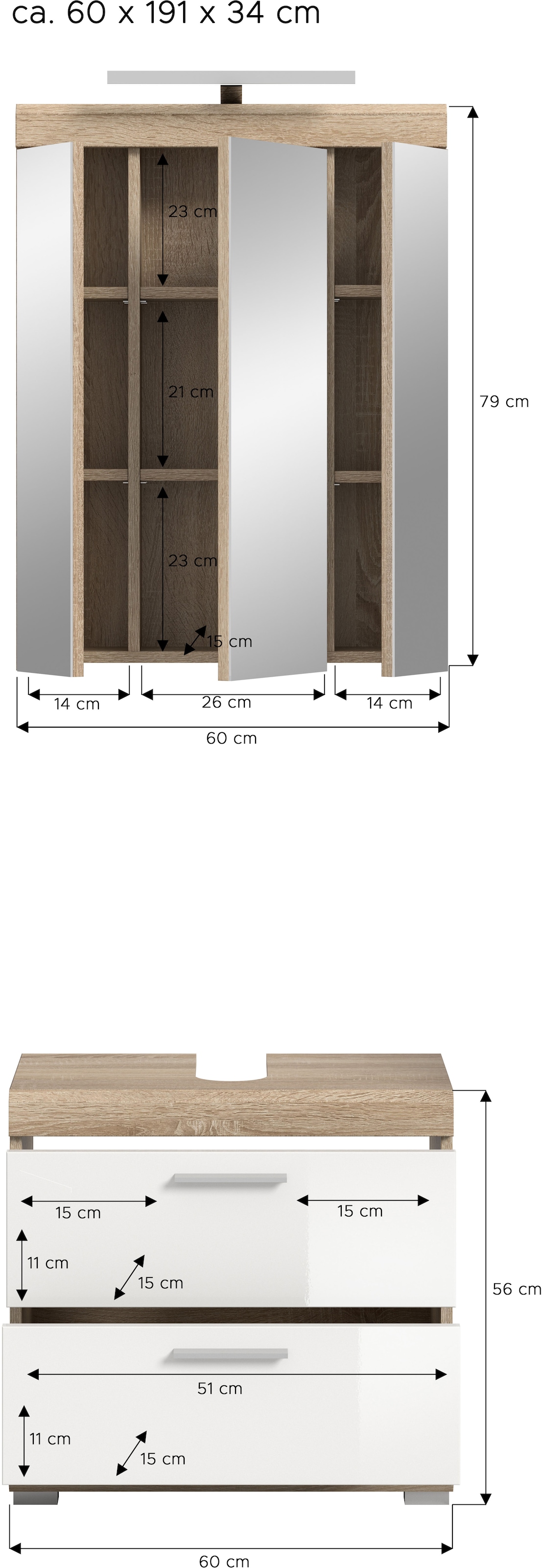 INOSIGN Badmöbel-Set »Siena, 2 teilig, inklusive LED Beleuchtung, bestehend aus:«, (Set), Waschbeckenunterschrank, Spiegelschrank, LED Badaufsatzleuchte