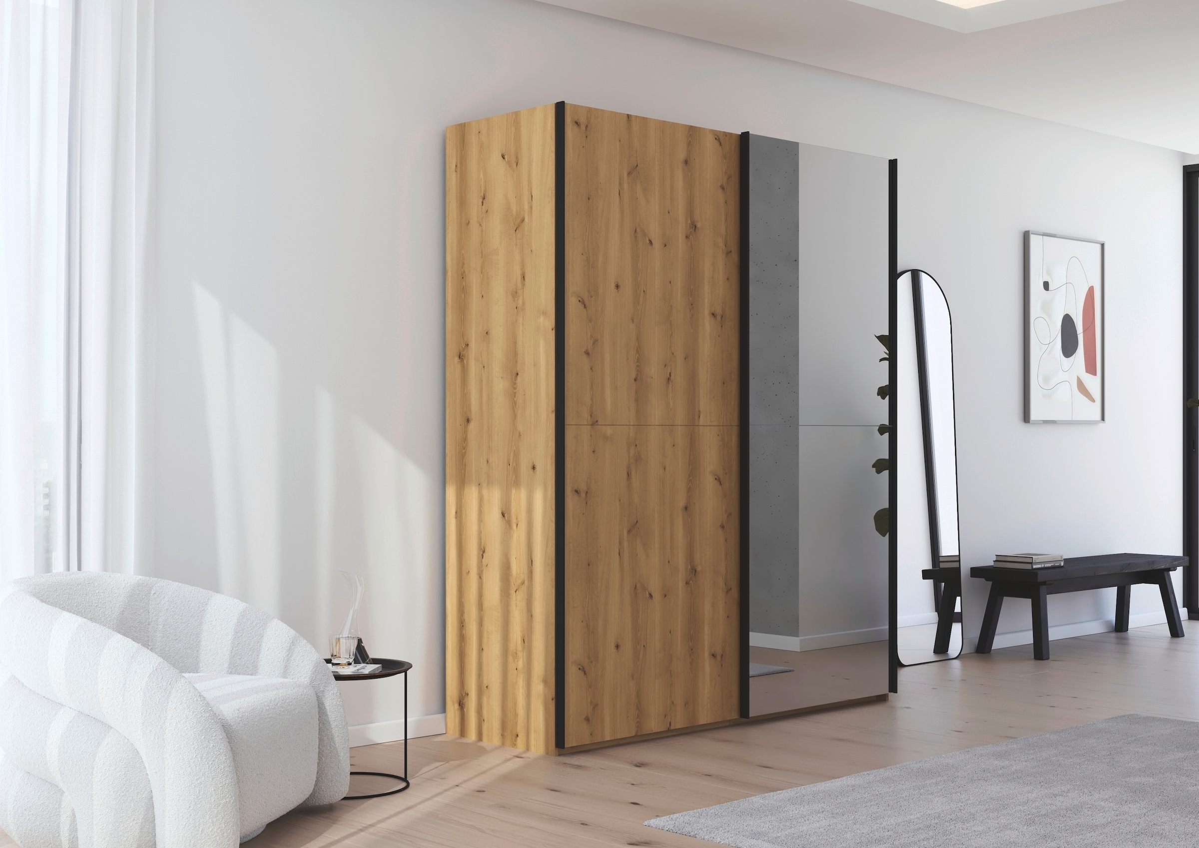 rauch Schwebetürenschrank »Kleiderschrank Schrank Garderobe Schlafzimmerschrank SCALE-WOOD«, edle geteilte Front in massiver Asteiche mit Spiegel MADE IN GERMANY