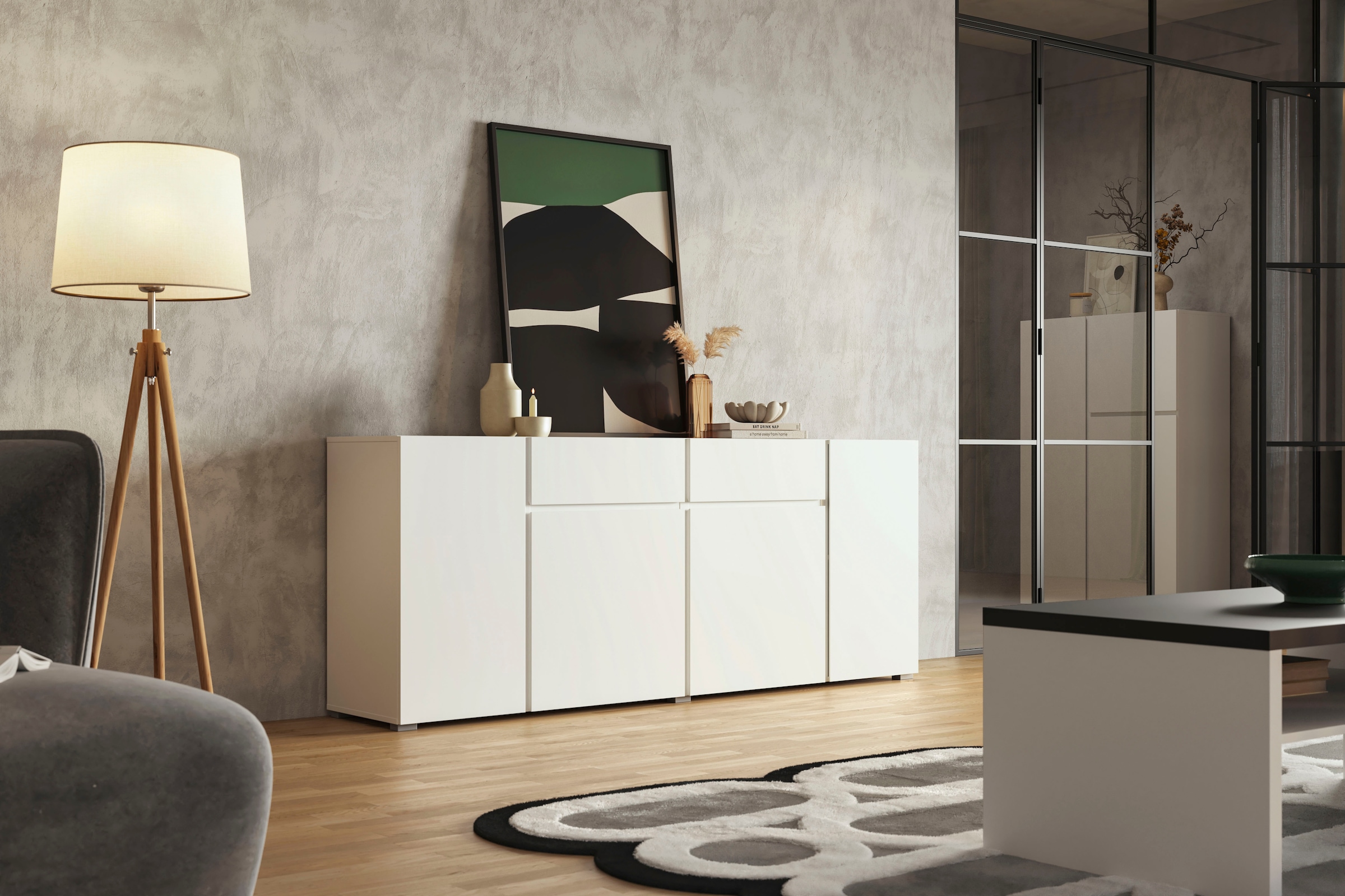 INOSIGN Sideboard »Asymetric, Breite 195 cm, grifflose Kommode 4 Türen/2 Schubkästen«, Schubladenschrank mit viel Stauraum, Einlegeböden verstellbar