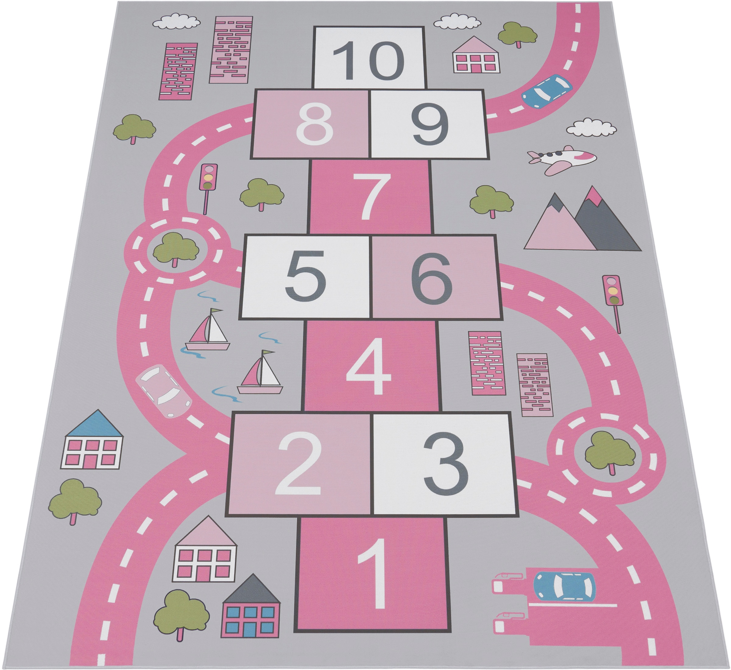 Paco Home Kinderteppich »Bino 569«, rechteckig, 4 mm Höhe, Kurzflor, Straßen-Spiel-Teppich & Motiv Hüpfkästchen "Himmel & Hölle"