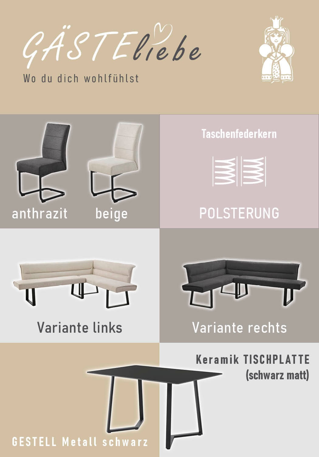 OTTO home Eckbankgruppe »ENNO (Set, 4-tlg. Tisch, Bank und 2 Stühle), Taschenfederkern« Tisch (140x90cm) schwarz, Bank und Stühle anthrazit oder beige