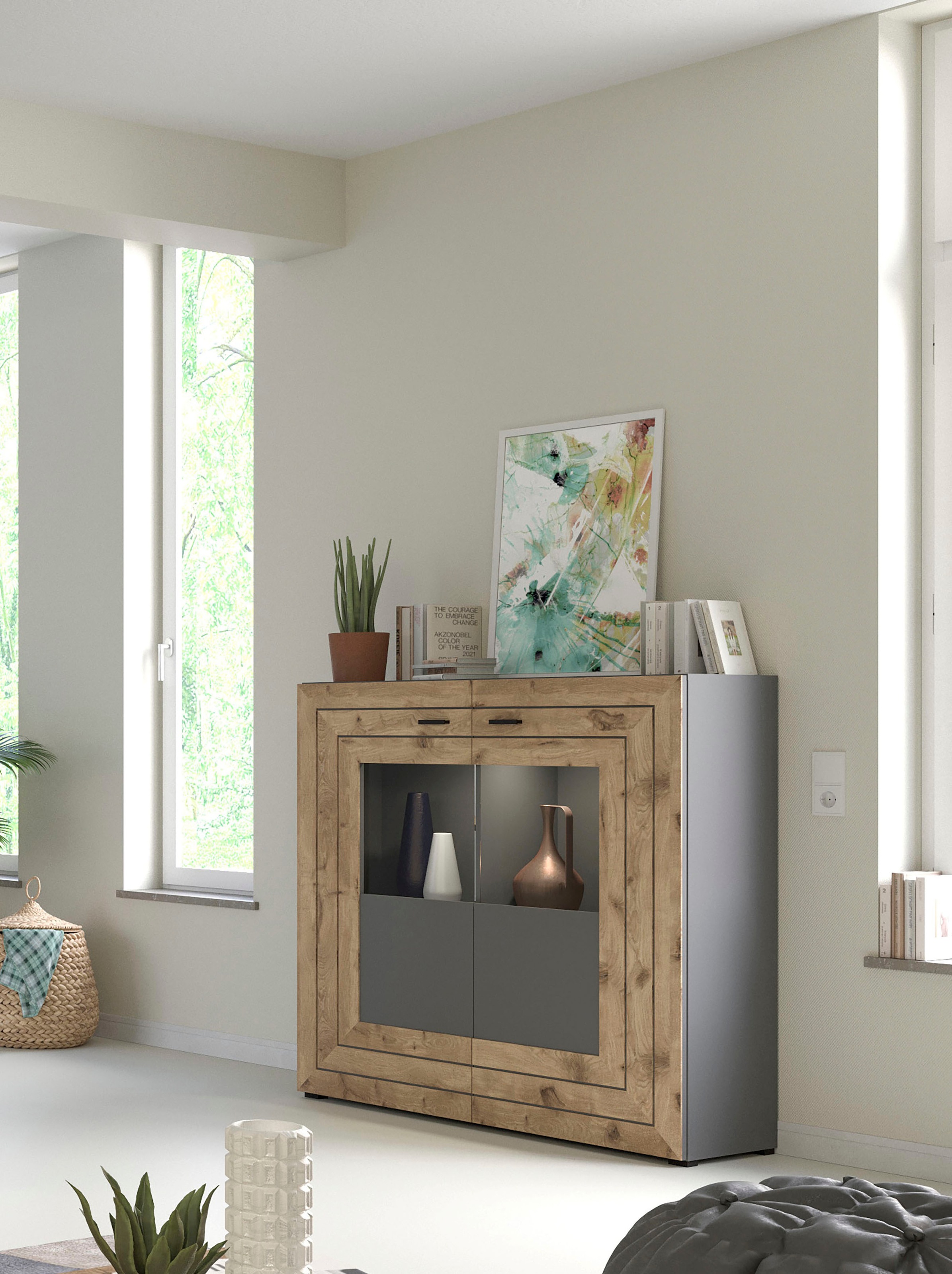 INOSIGN Highboard »Aalborg, Höhe 117cm, 2 Glastüren, 6 Fächer, 2-farbig, Metallgriffe«, Anrichte, Schrank, Kommode, Midischrank, Wohnmöbel, Wohnzimmer