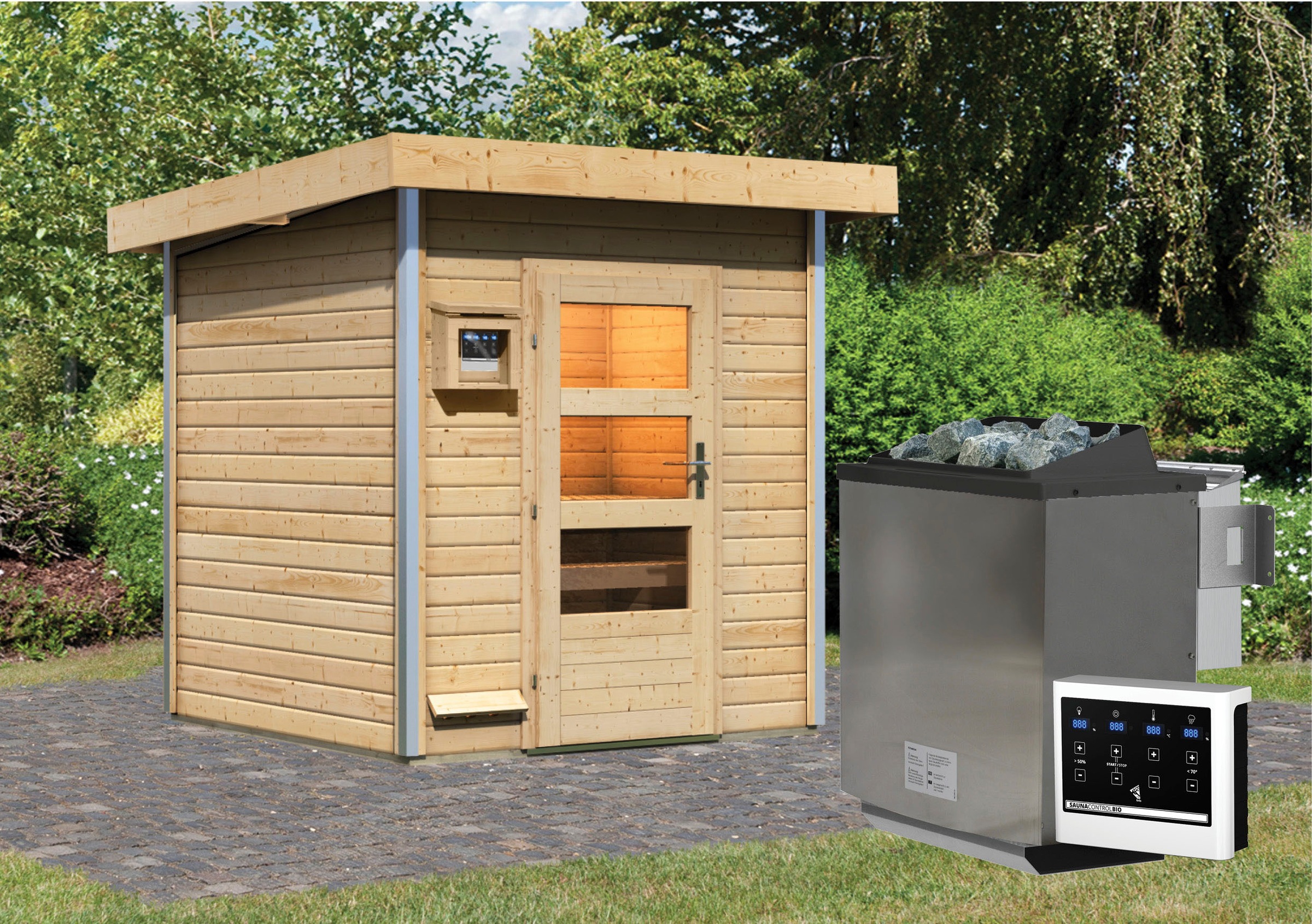 Karibu Saunahaus »Klaas«, moderne Tür, Ofen 9 kW Bio externe Strg easy