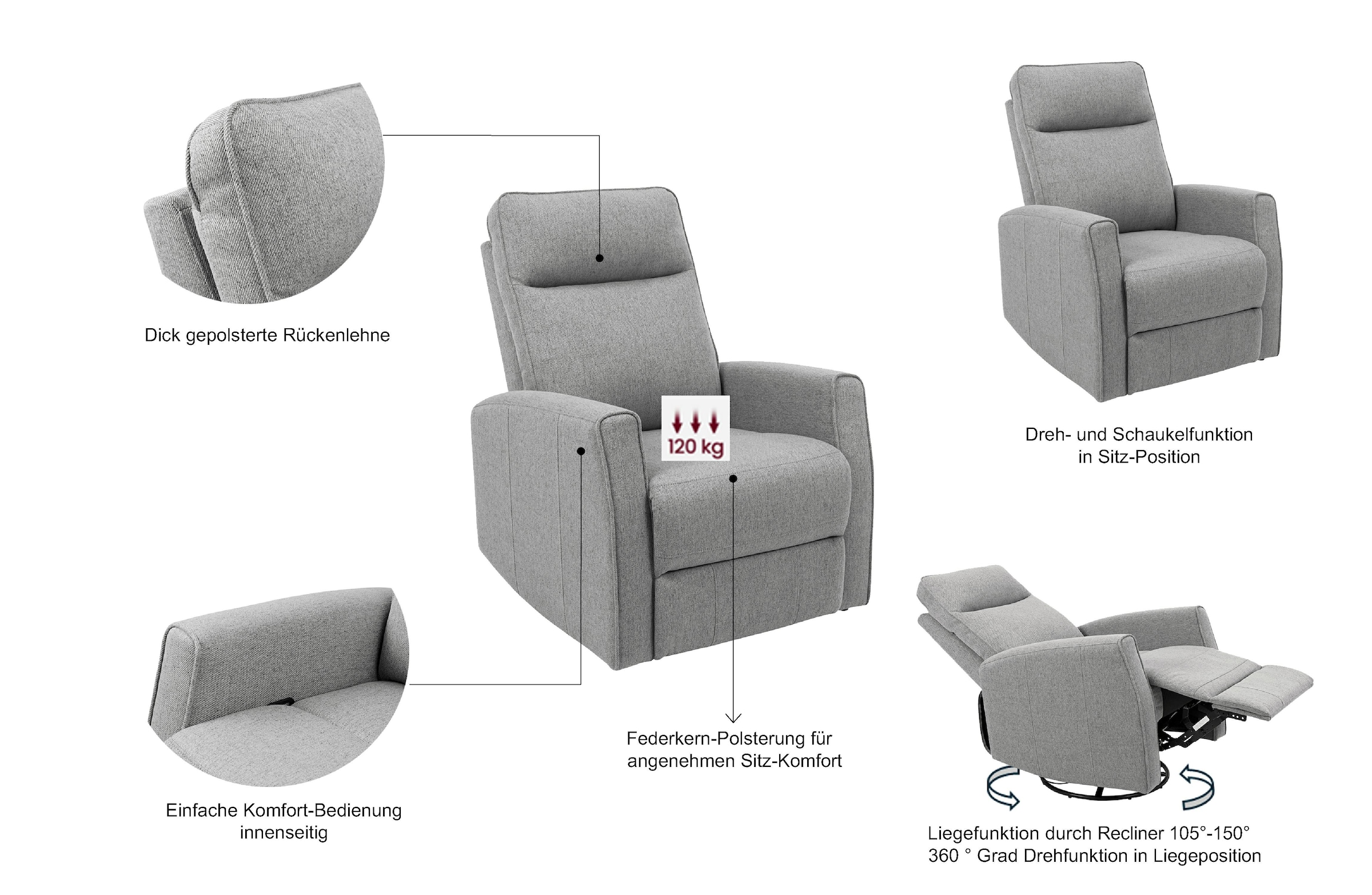 INOSIGN Relaxsessel »KAYLI mit Schaukel-, Dreh und Liegefunktion, Webstoff, Federkern«, Lesesessel, TV-Sessel mit Reclinerfunktion, 360° drehbar