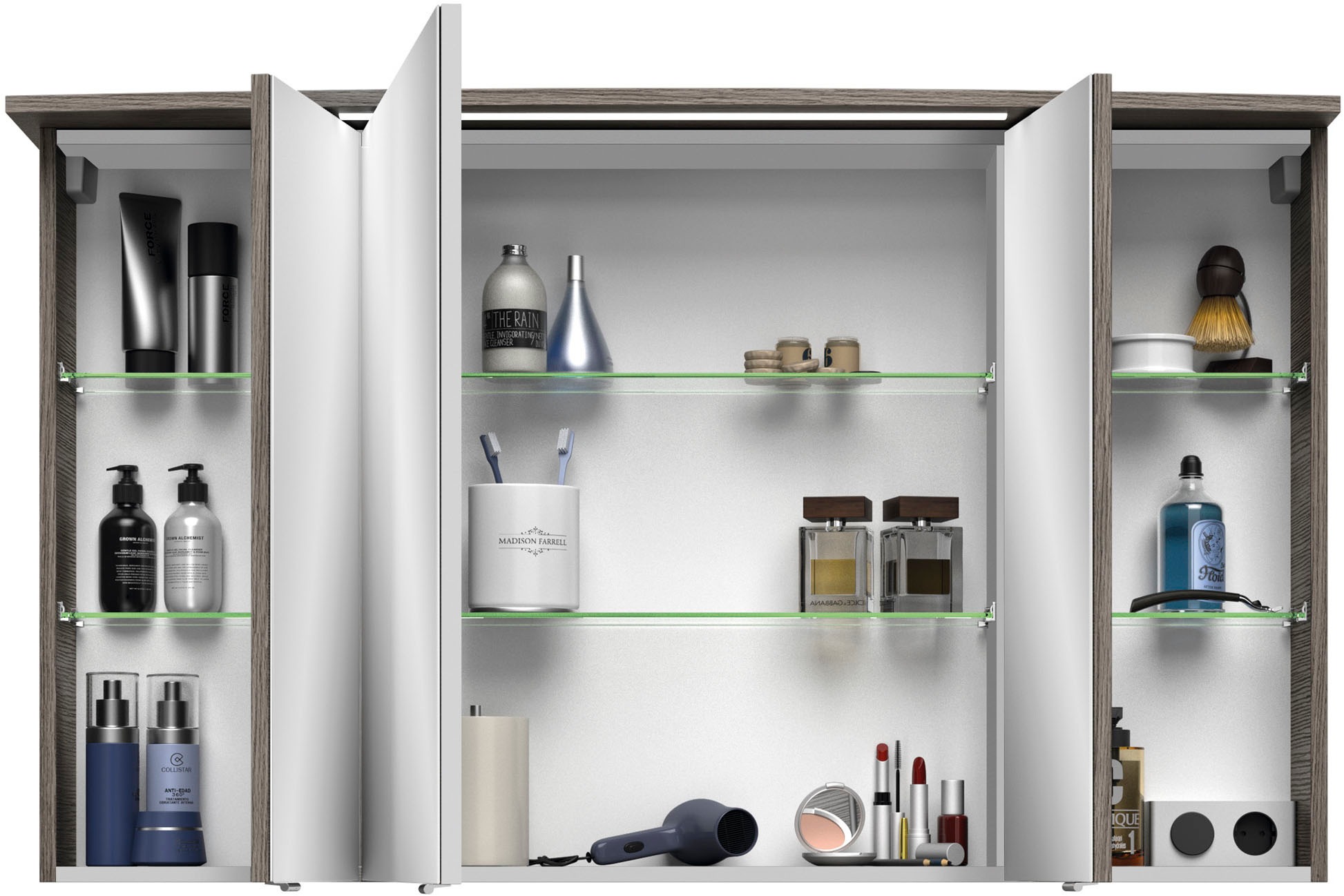 Saphir Badezimmerspiegelschrank »Serie 4010 Badezimmer-Spiegelschrank inkl. LED-Beleuchtung im Kranz«, Badschrank 122 cm breit, 3 Türen, 6 Glas-Einlegeböden, inkl Türdämpfer