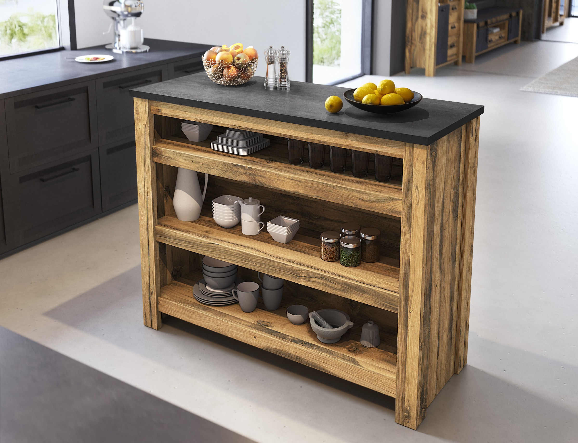 Home affaire Barschrank »York, moderne Küchentheke im Industrialdesign«, mit Handtuchstange aus Metall, ausreichend Stauraum, 130 cm breit