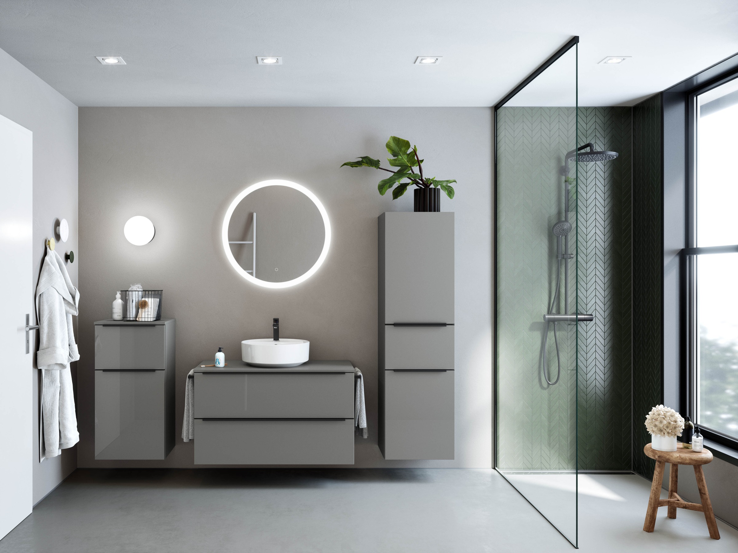 nobilia® Badmöbel-Set »Alvene«, (2 St., vormontiert, mit Soft-Close), Hochglanz, inkl. Spiegel mit Touch-Sensor, in vier Breiten