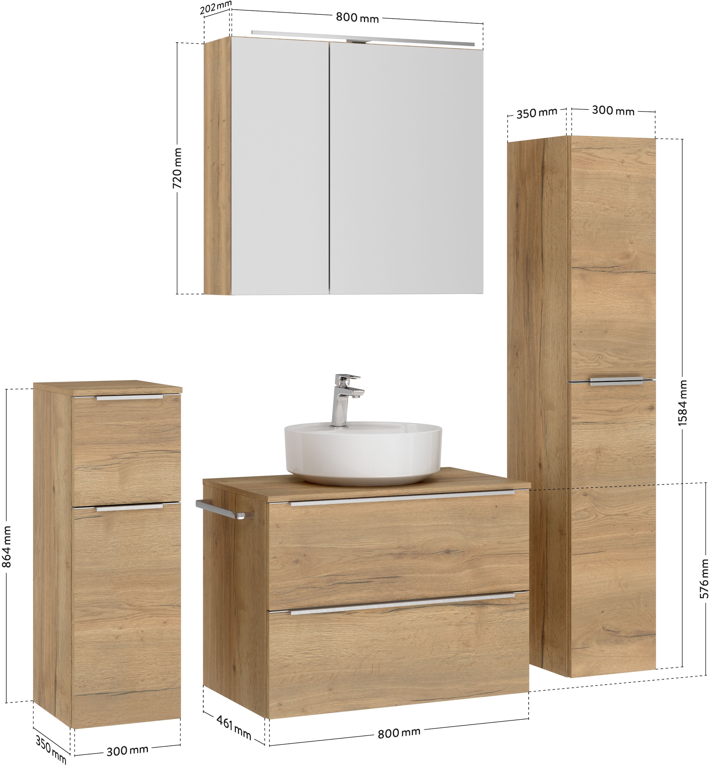 nobilia® Badmöbel-Set »Alvene«, (4 St., vormontiert, mit Soft-Close), inkl. Spiegelschrank mit Beleuchtung und Dimmerfunktion, in 4 Breiten