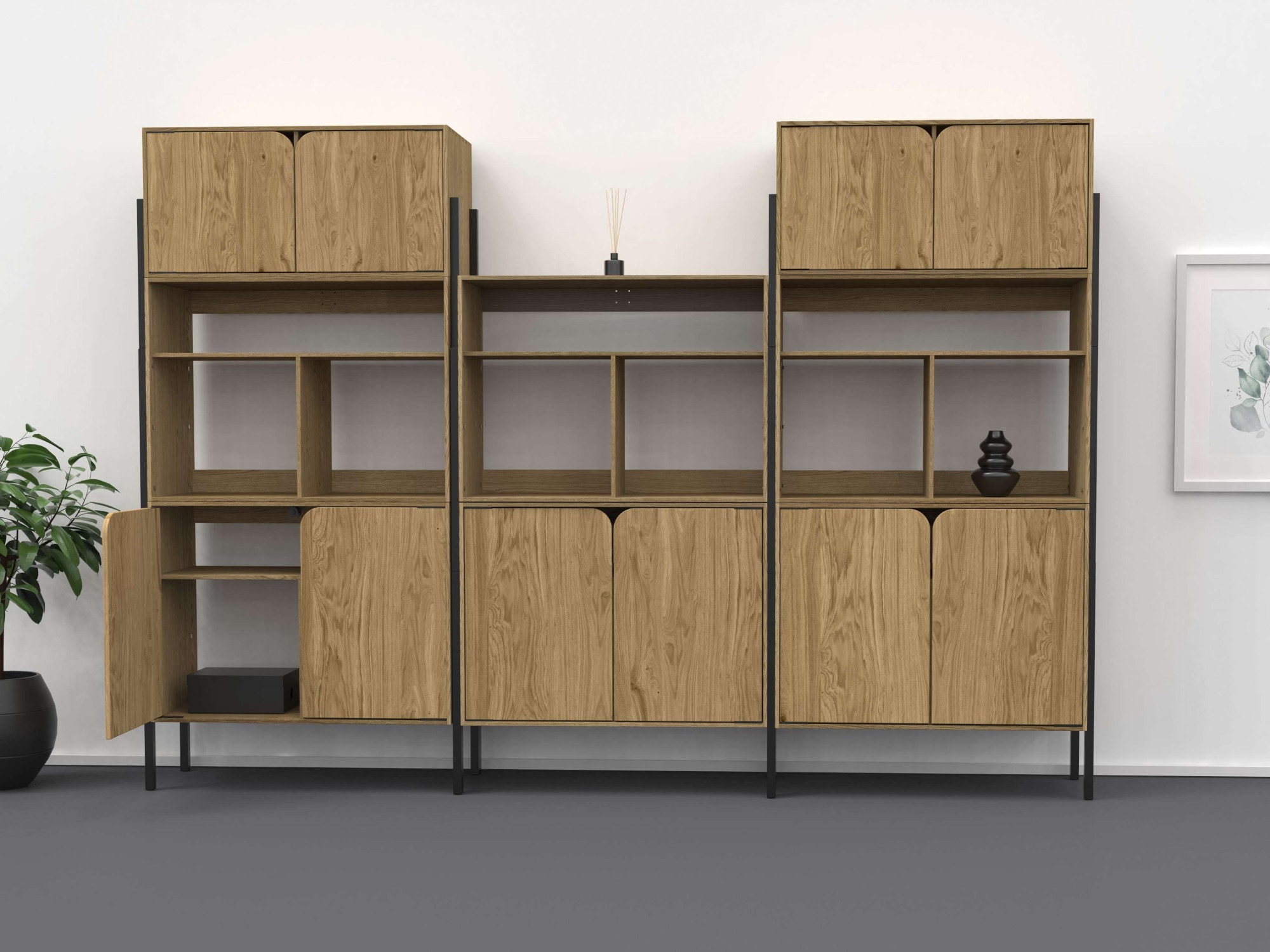andas Sideboard »Finton«, Kommode mit 3 offenen Fächern, Korpuss aus massiver Eiche