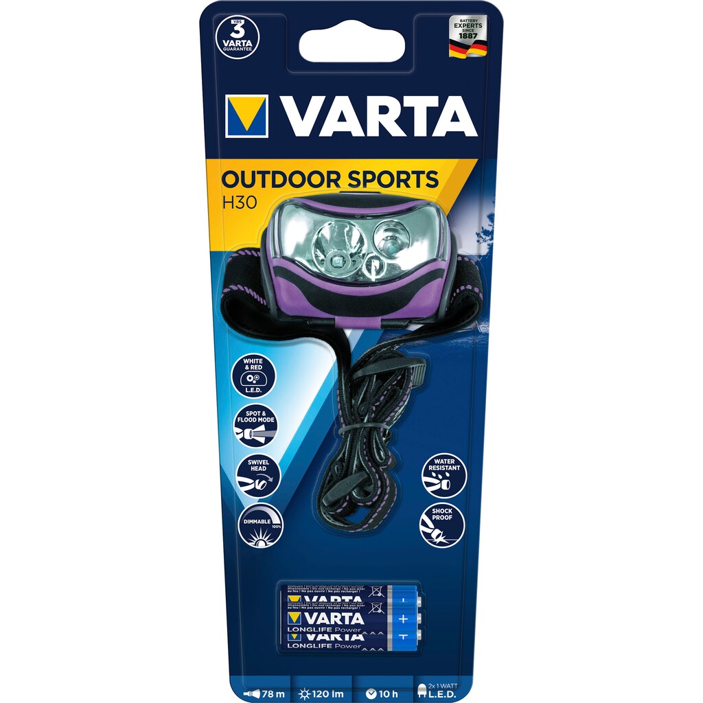VARTA Stirnlampe »VARTA Outdoor Sports H30 Kopfleuchte inkl. 3x LONGLIFE Power Batterien«