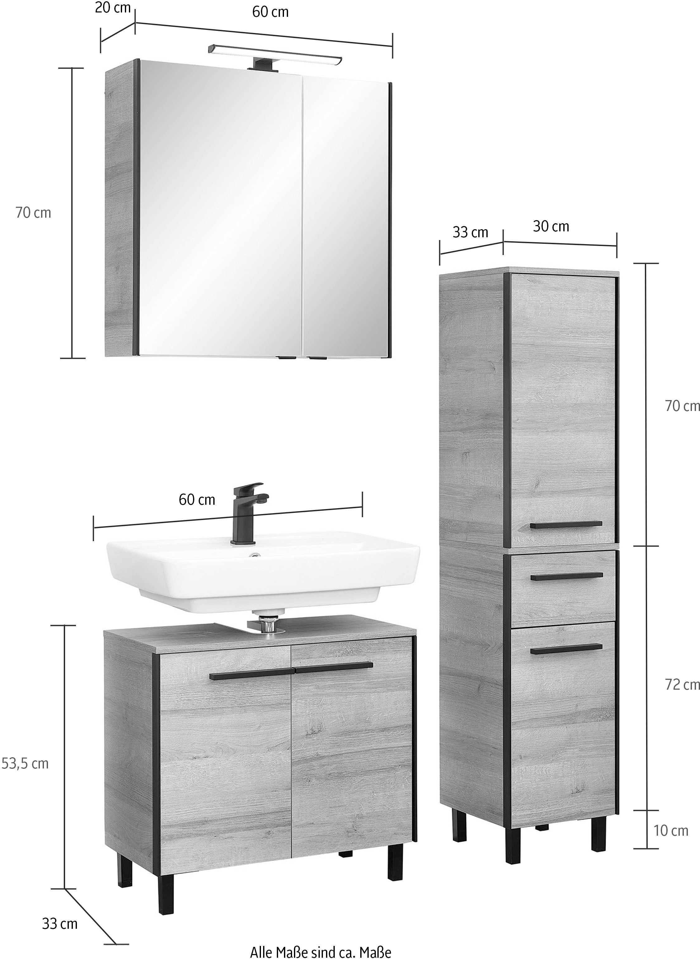 Saphir Badmöbel-Set »Quickset 395 3-teilig, Waschbeckenunterschrank mit LED-Spiegelschrank«, (4 St.), Midischrank, inkl. Türdämpfer, 6 Türen, 1 Schublade, Bad-Set