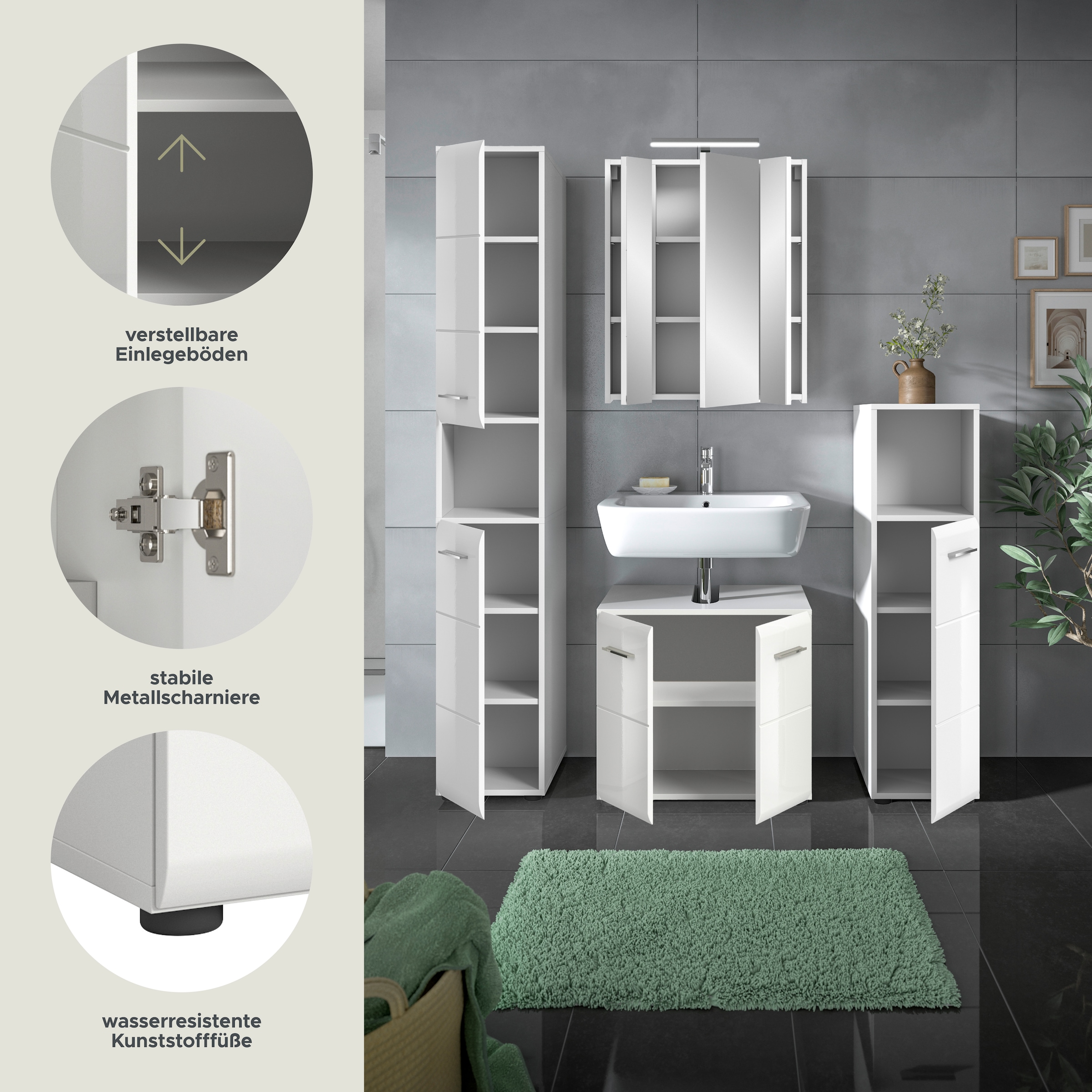 INOSIGN Badezimmer-Set, (Set, 5 St.), Florenz, Badkombination 5-tlg., Weiß hochglanz,l inkl Beleuchtung