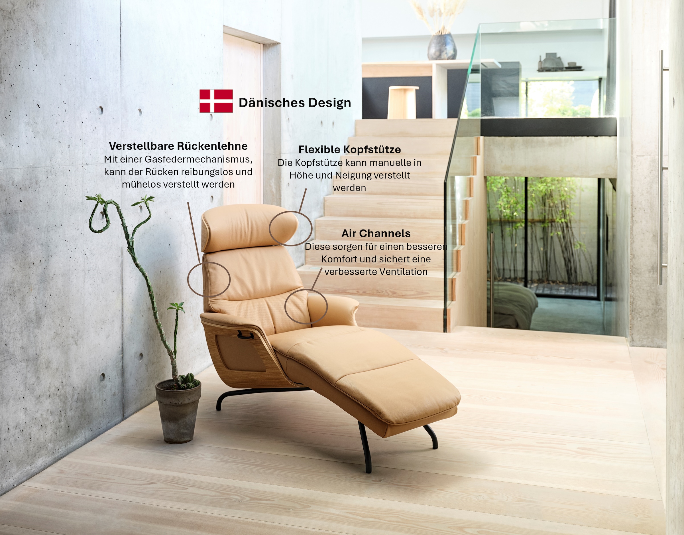 FLEXLUX Loungesessel »Clement Chaislongue, Relaxstuhl, Liegesessel,«, Rücken- & Kopfteilverstellung, Armlehne, Walnuss, Fuß Alu