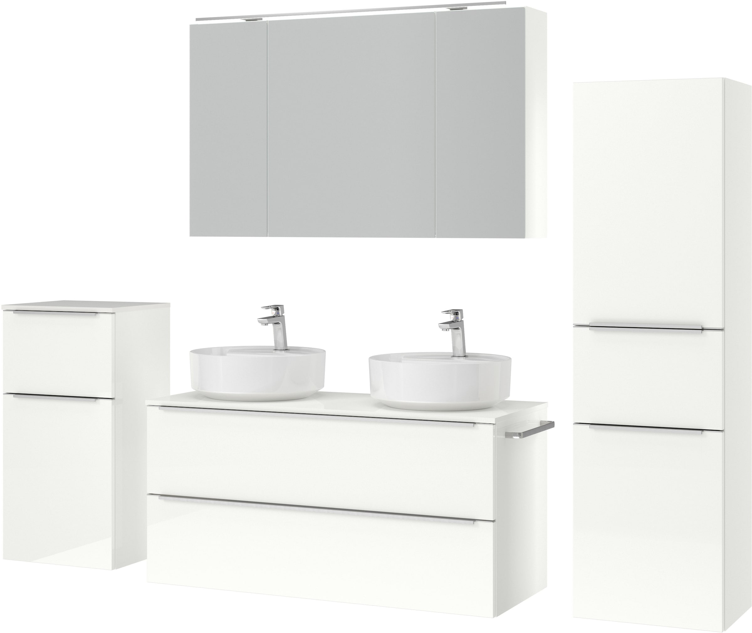 nobilia® Badmöbel-Set »Alvene«, (4 St., vormontiert, mit Soft-Close), inkl. Spiegelschrank mit Beleuchtung und Dimmerfunktion, in 4 Breiten