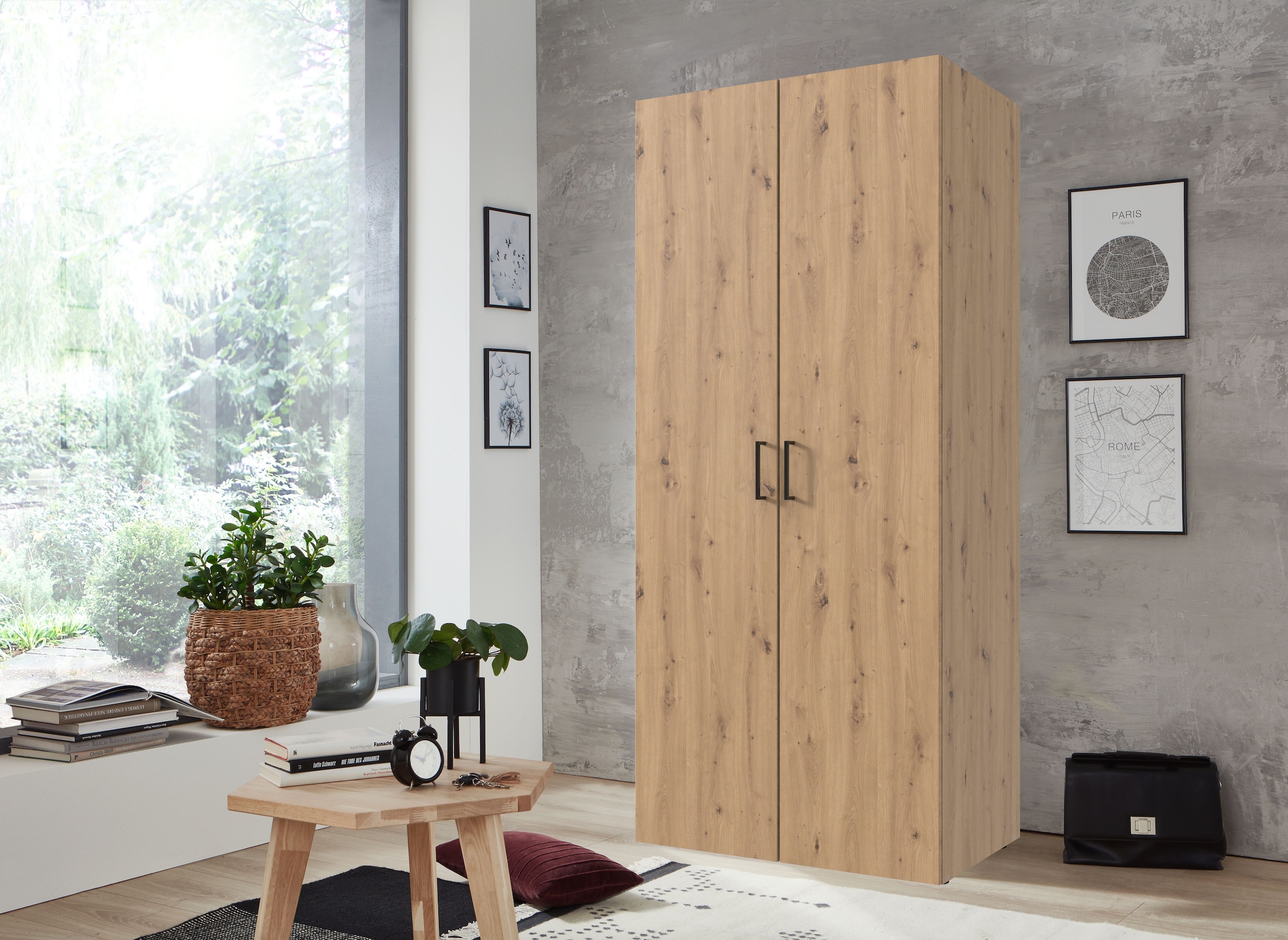Wimex Kleiderschrank »Mugano, in 5 Breiten und 2 Höhen, Made in Germany«, (in Basic oder Premium Ausstattung mit 2 weiteren Einlegeböden), mit langen Griffstangen aus Metall, wahlweise mit oder ohne Spiegel