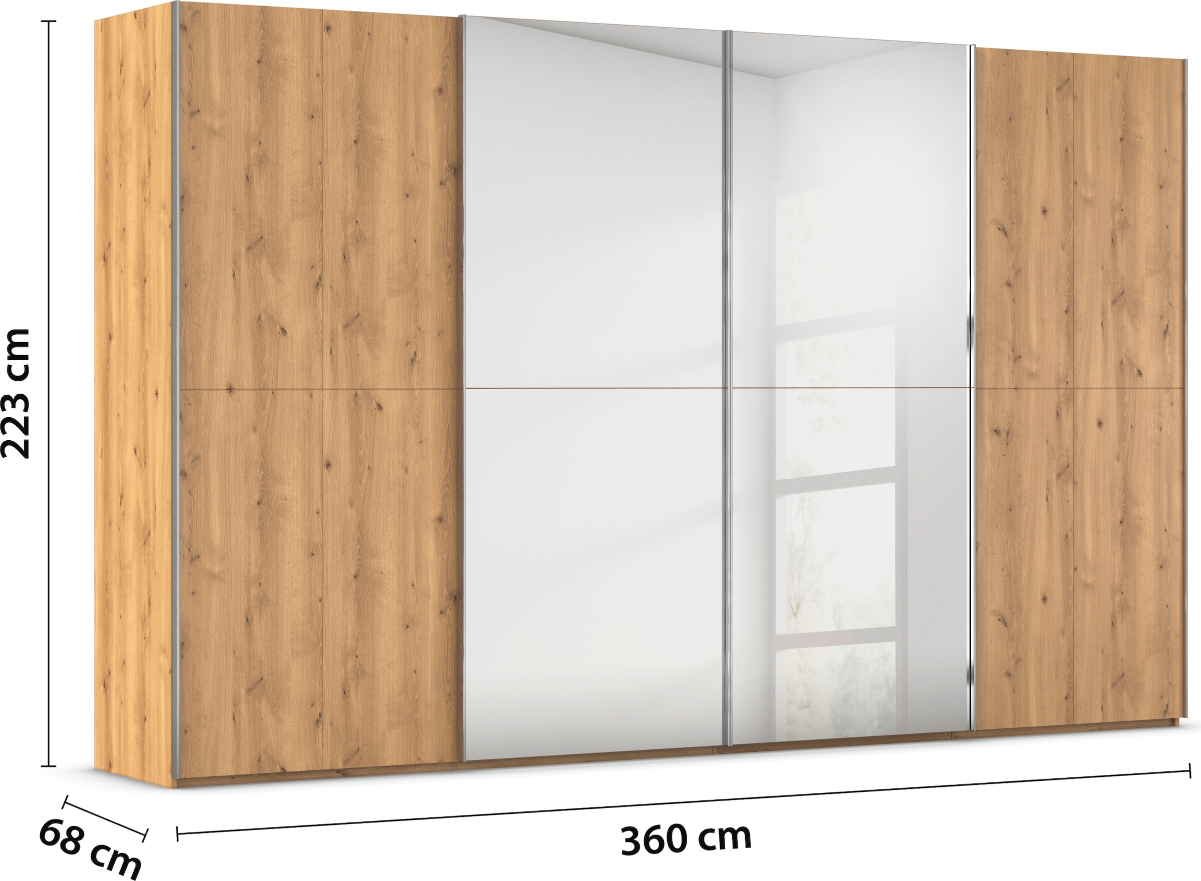 rauch Schwebetürenschrank »Kleiderschrank Schrank Garderobe Schlafzimmerschrank SCALE-WOOD«, edle geteilte Front in massiver Asteiche mit Spiegel MADE IN GERMANY
