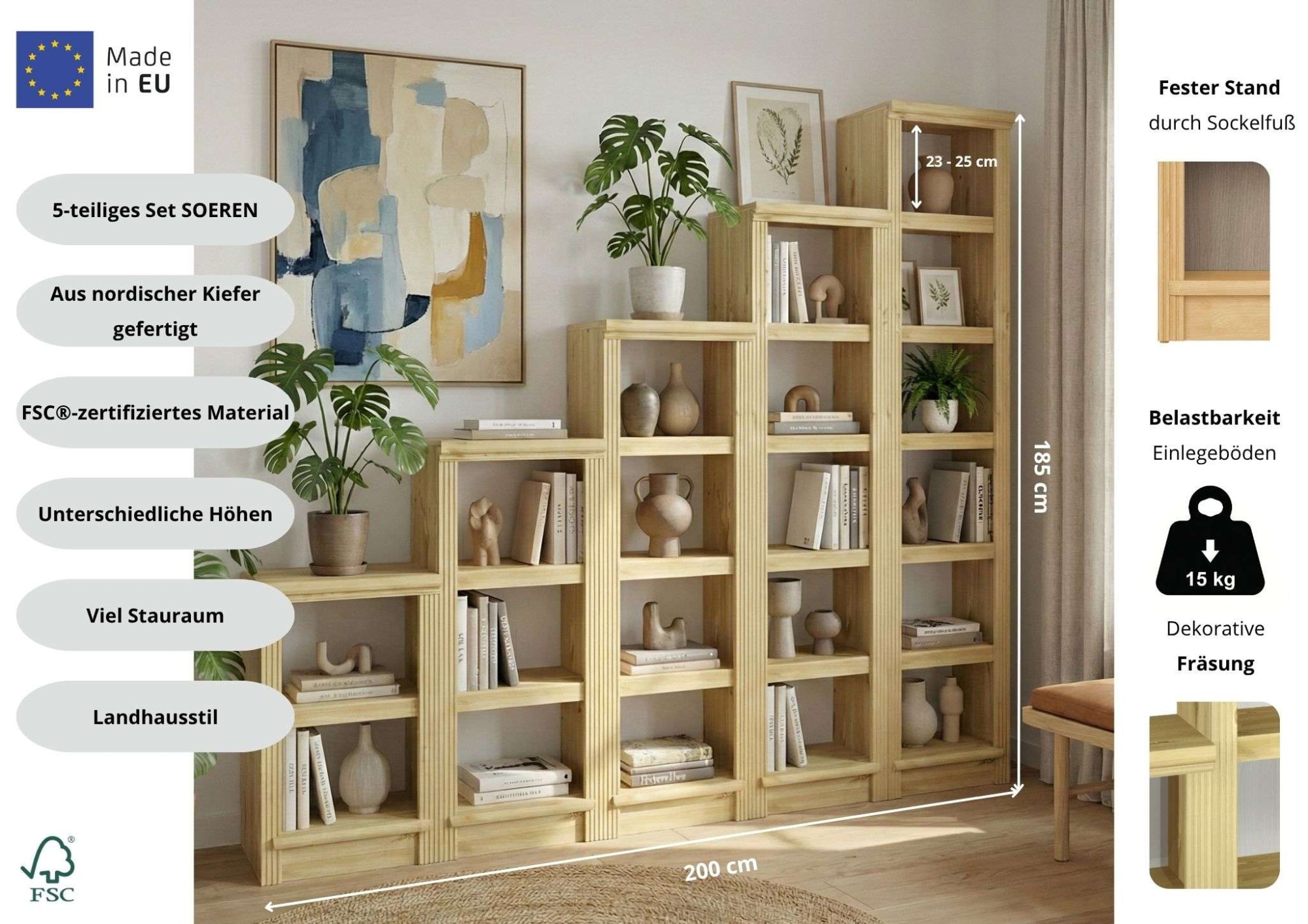 OTTO home Bibliothek »Riga - Set aus 5 Regalen in unterschiedlichen Höhen« 5 Stk. tlg. Breite/Tiefe je 40/29 cm,Höhe 67 cm, 97 cm, 126 cm, 156 cm und 185 cm