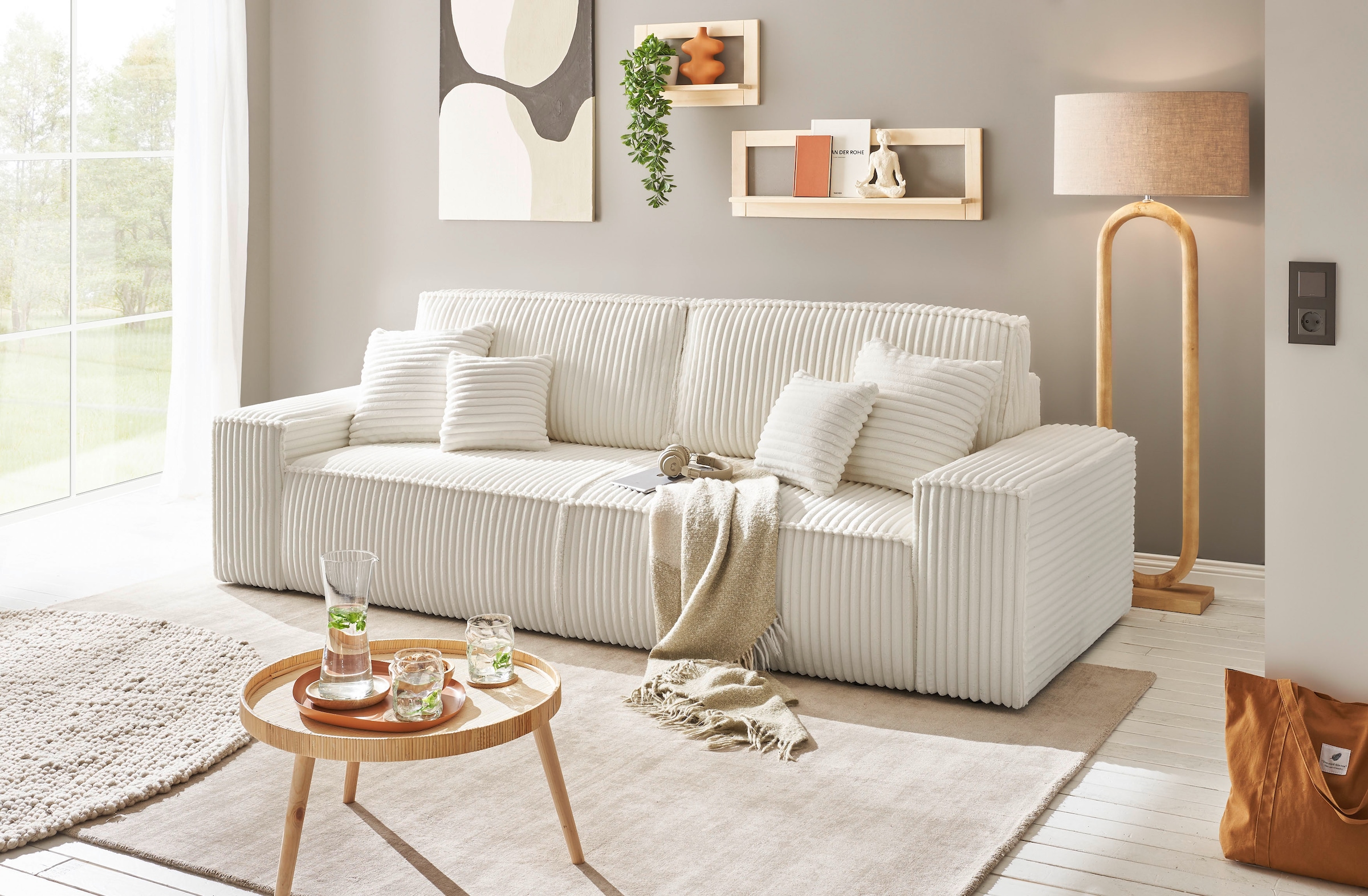 andas 3-Sitzer »FINNLEY Schlafsofa 257 cm, Schlaffunktion mit Bettkasten (200/136cm)«, in Aqua Clean-Bouclé, Struktur fein u. Cord