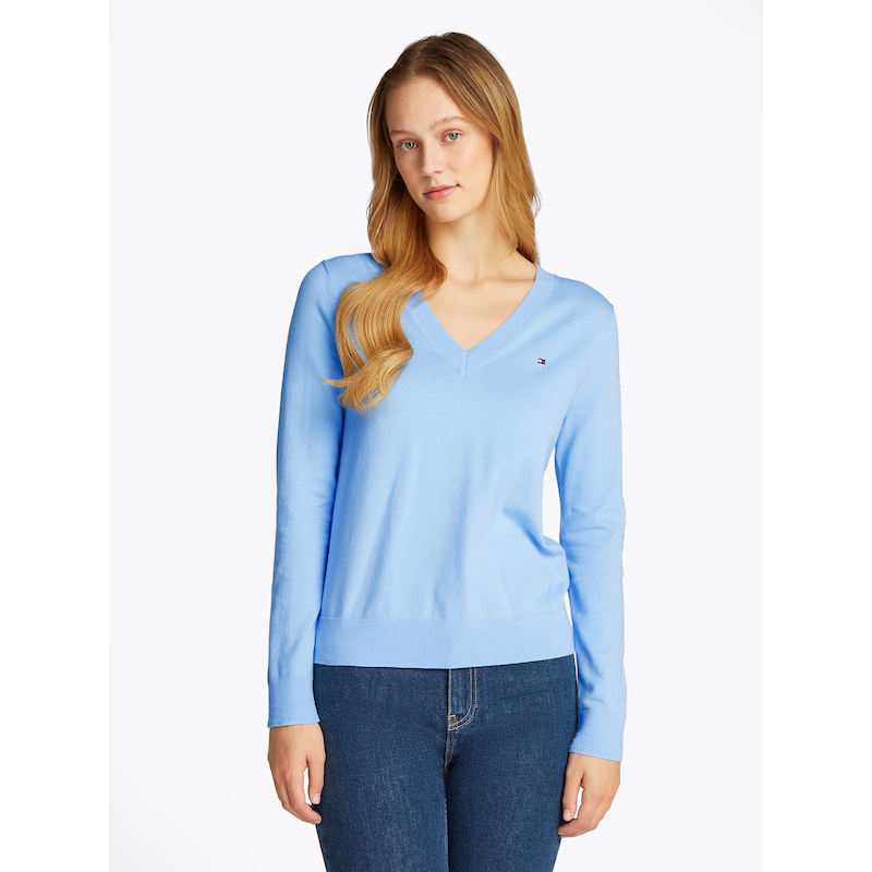 TOMMY HILFIGER V-Ausschnitt-Pullover »CO JERSEY STITCH V-NK SWEATER mit V-Ausschnitt und Ripp« Baumwollmischung Vessel Blue S (36) S (36) Pullover...